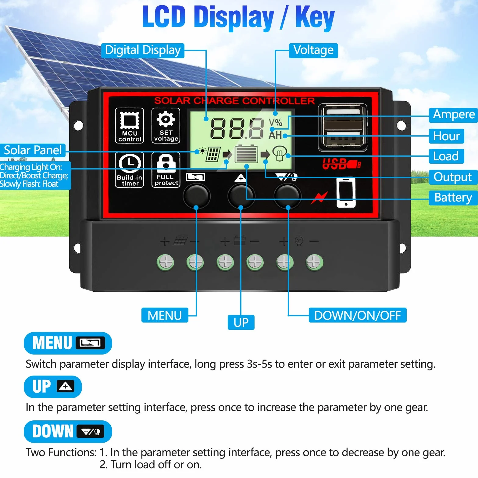 30A regulator ładowania słonecznego, 12V/24V regulator PWM regulator panelu słonecznego regulowanym wyświetlaczem LCD ustawienie timera PWM automatyczny parametr regulatora panelu słonecznego, czarny