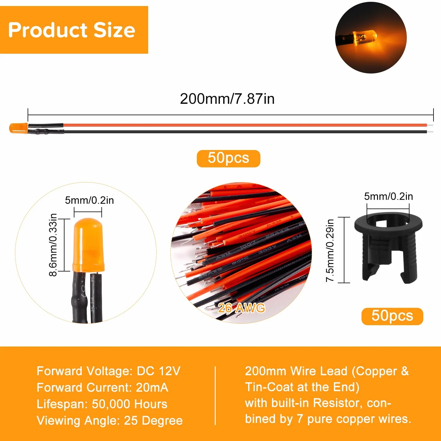 50 Sztuk 5mm 12V Przewodowe Diody LED z Rozproszoną Kolorową Soczewką, Pomarańczowy, 20cm Dioda LED + 50 Sztuk 5mm Plastikowy Uchwyt LED