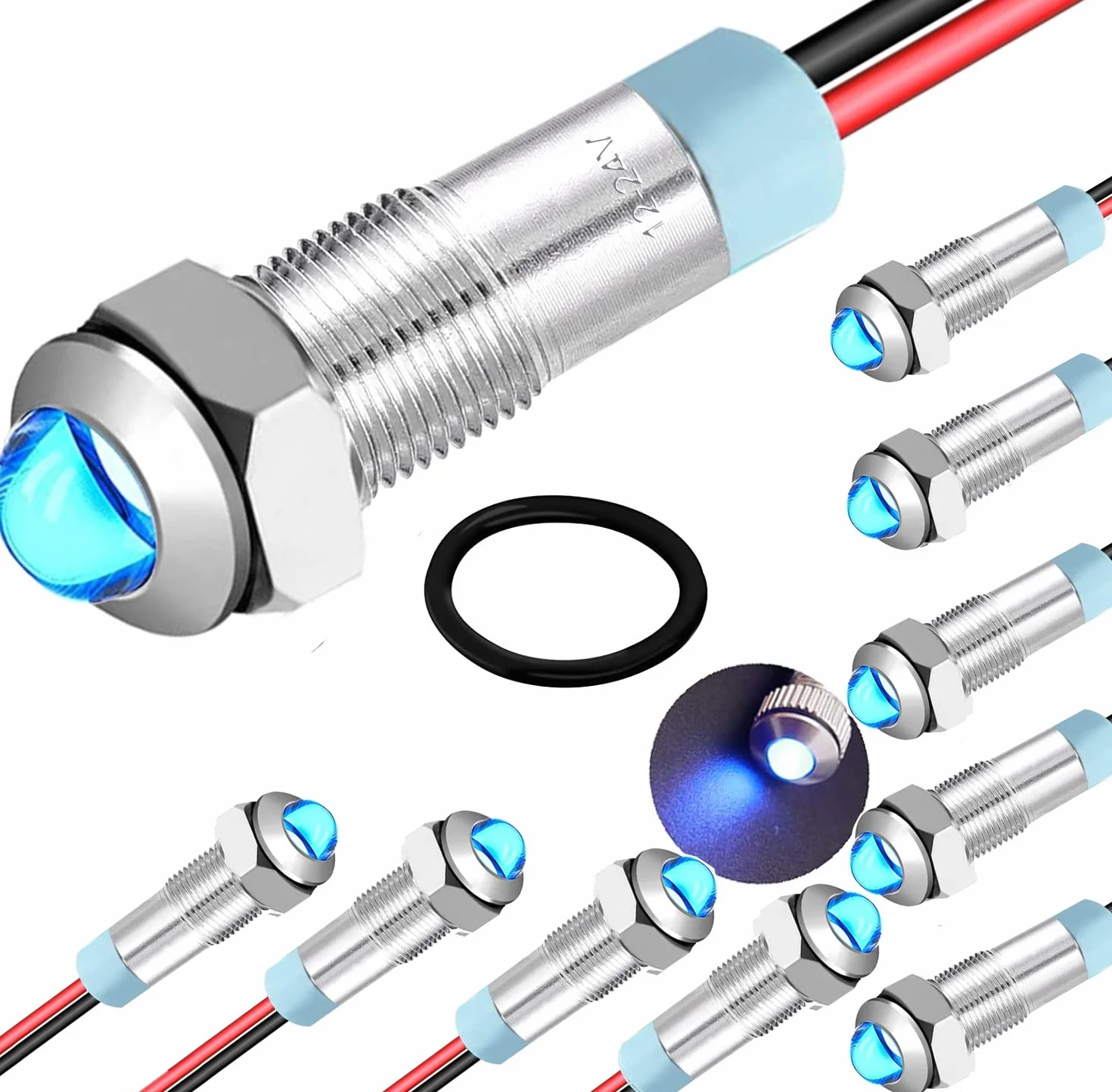 RUNCCI-YUN 10 szt. 12-24 v 6 mm 1/4" DC Metalowy wskaźnik LED, niebieski panel wskaźnika LED, wskaźnik światła 12 V, do vana, łodzi i innych pojazdów uniwersalnych