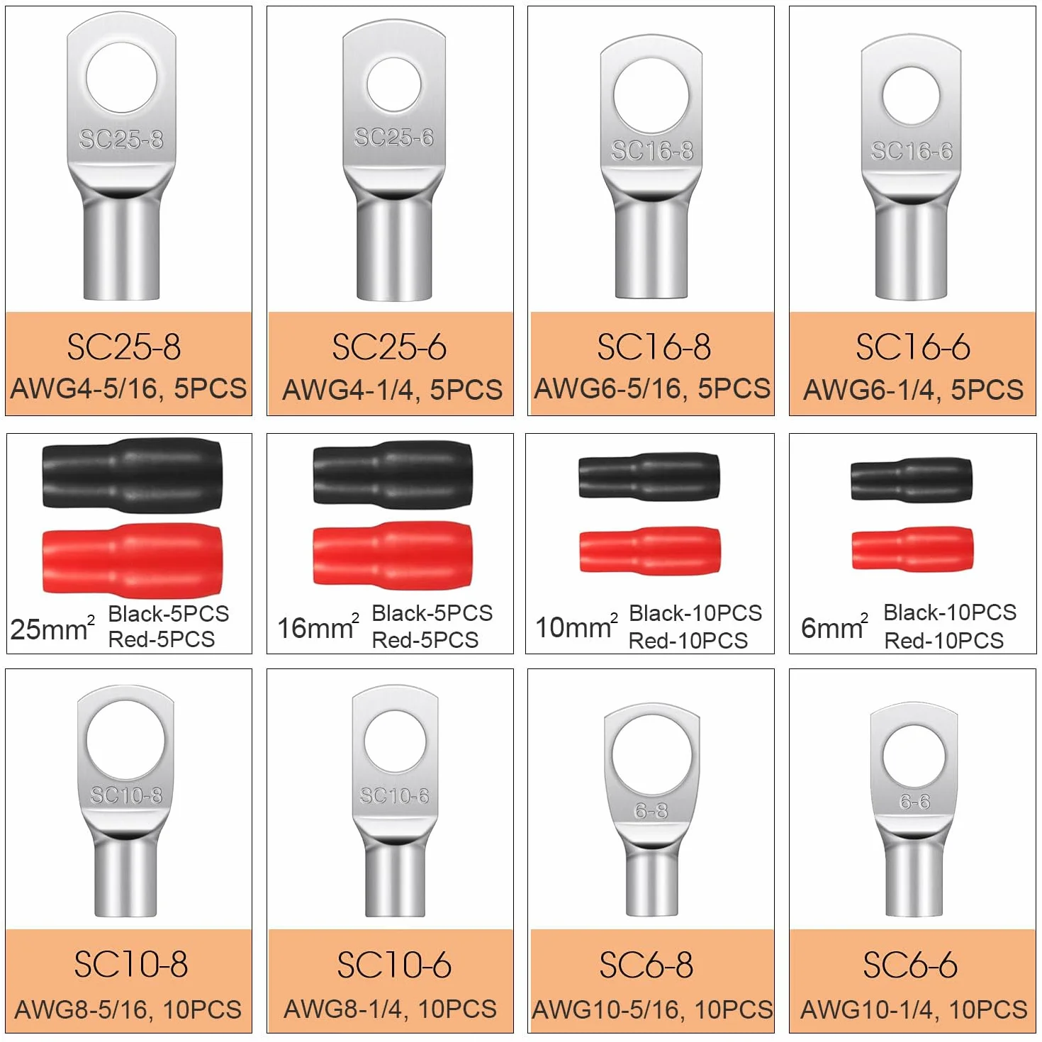 Końcówki kablowe zestaw 120 szt. 25 mm² 16 mm² 10 mm² 6 mm² z wężem termokurczliwym