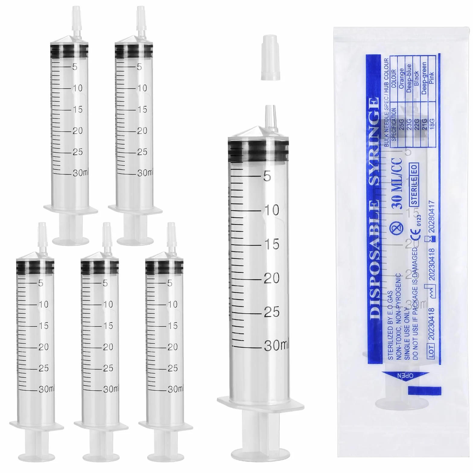 Strzykawka z tworzywa sztucznego, 6 sztuk, 30 ml, sterylne strzykawki do laboratoriów naukowych, strzykawka do pomiaru płynów, karmienia (6 x 30 ml)