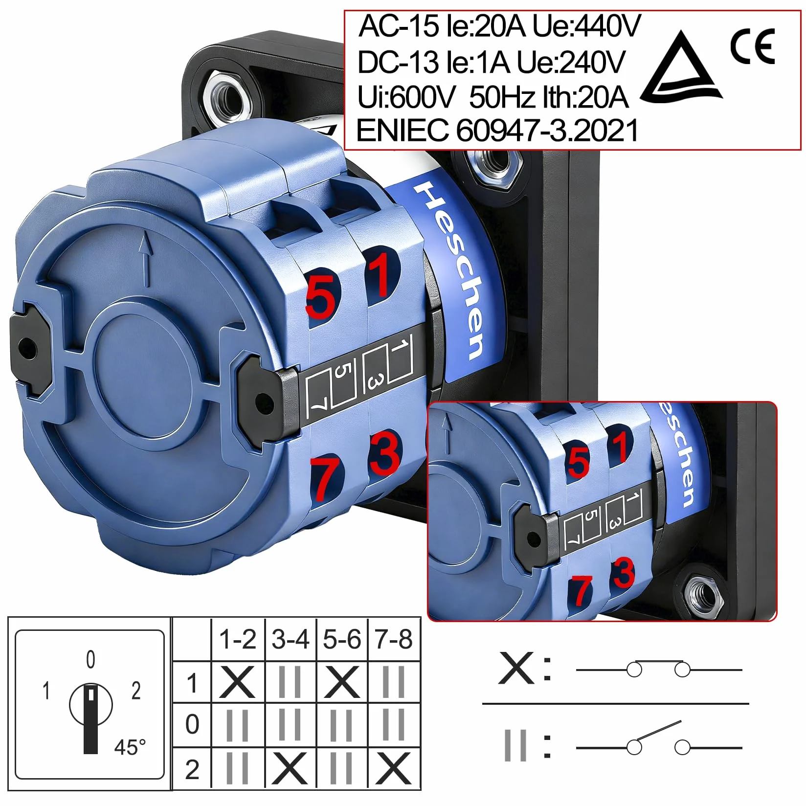 Heschen SZW26-20/D202.2 Uniwersalny wyłącznik obrotowy z krzywką 660V 20A ON-OFF-ON 3 pozycje 2 fazy 8-zaciskowe CE