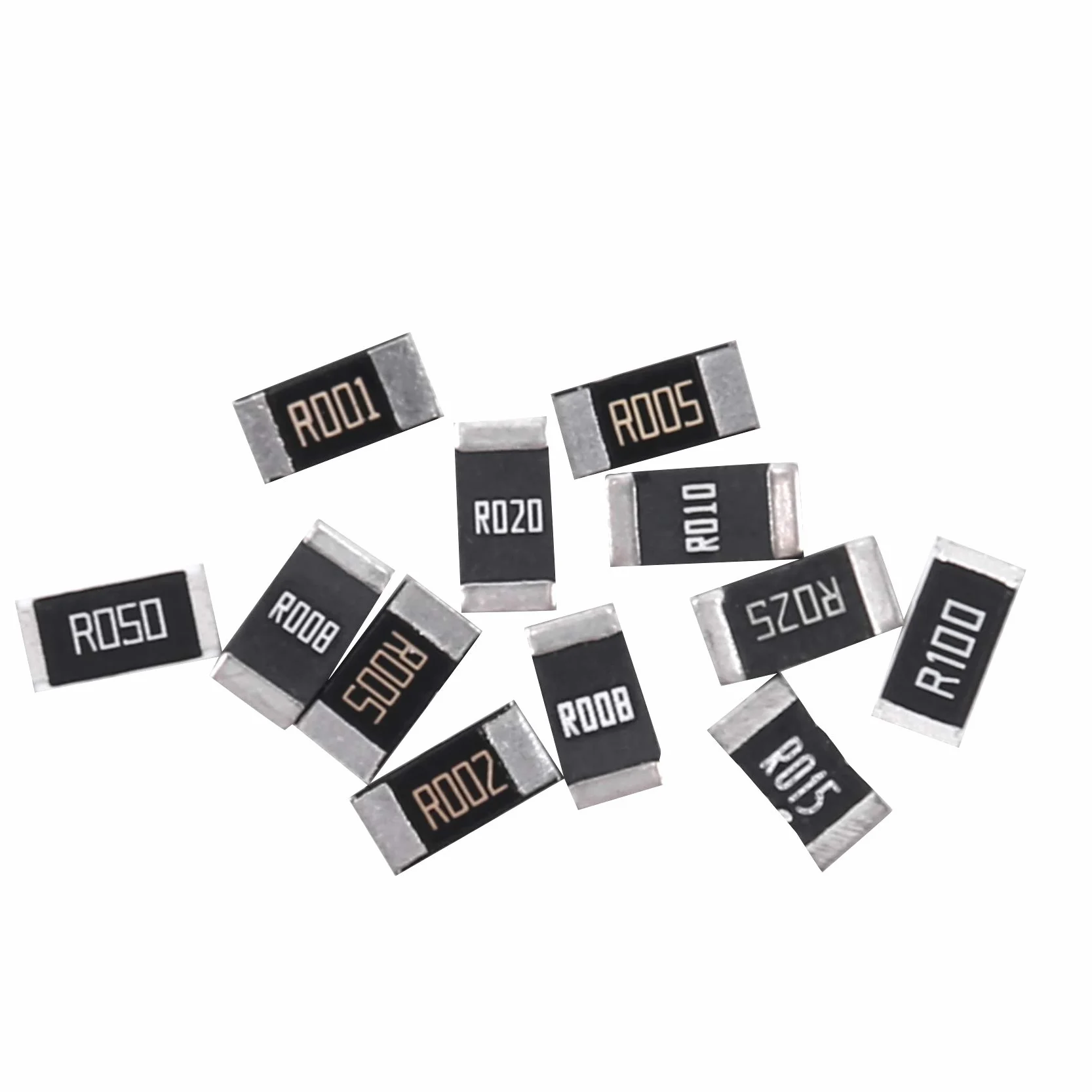 50 . zestaw próbek rezystorów SMD 2512, 10 rodzajów x 5 . = 50 . R001 R002 R005 R008 R010 R015 R020 R025 R050 R100