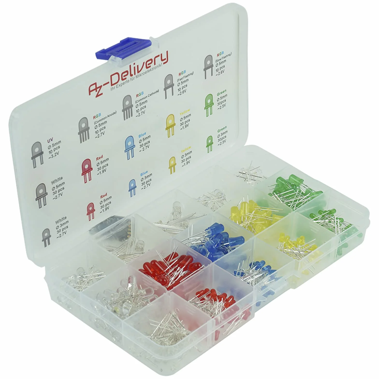 AZDelivery Zestaw asortymentu diod elektroluminescencyjnych LED, 350 sztuk, 3 mm i 5 mm, 5 kolorów, zestaw okrągłych diod LED emitujących, UV RGB CC/CA kompatybilny z Arduino E-book w zestawie!
