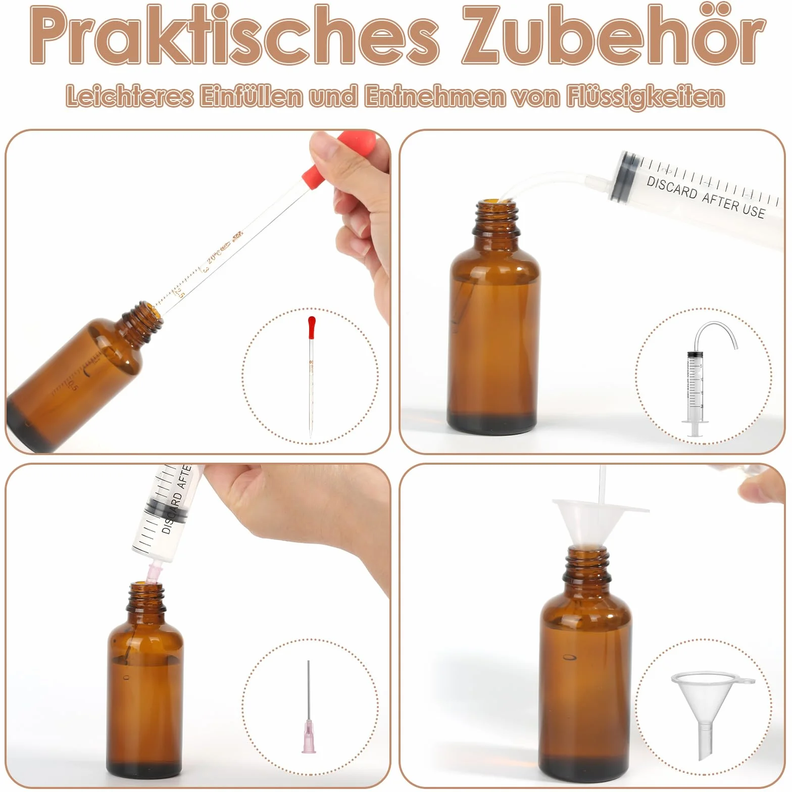 modacraft Butelka z pipetą 50 ml z akcesoriami pomocniczymi, butelka z pipetą z brązowego szkła, butelka apteczna do płynów, olejków eterycznych, olejków zapachowych, aromaterapii, płynnych barwników,