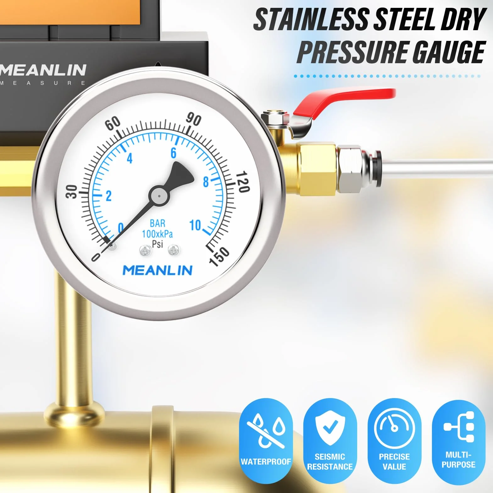 MEANLIN MEASURE Manometr ze stali nierdzewnej 0~10BAR 0~150PSI 2" FACE DIAL wodoodporny 1/8" BSP
