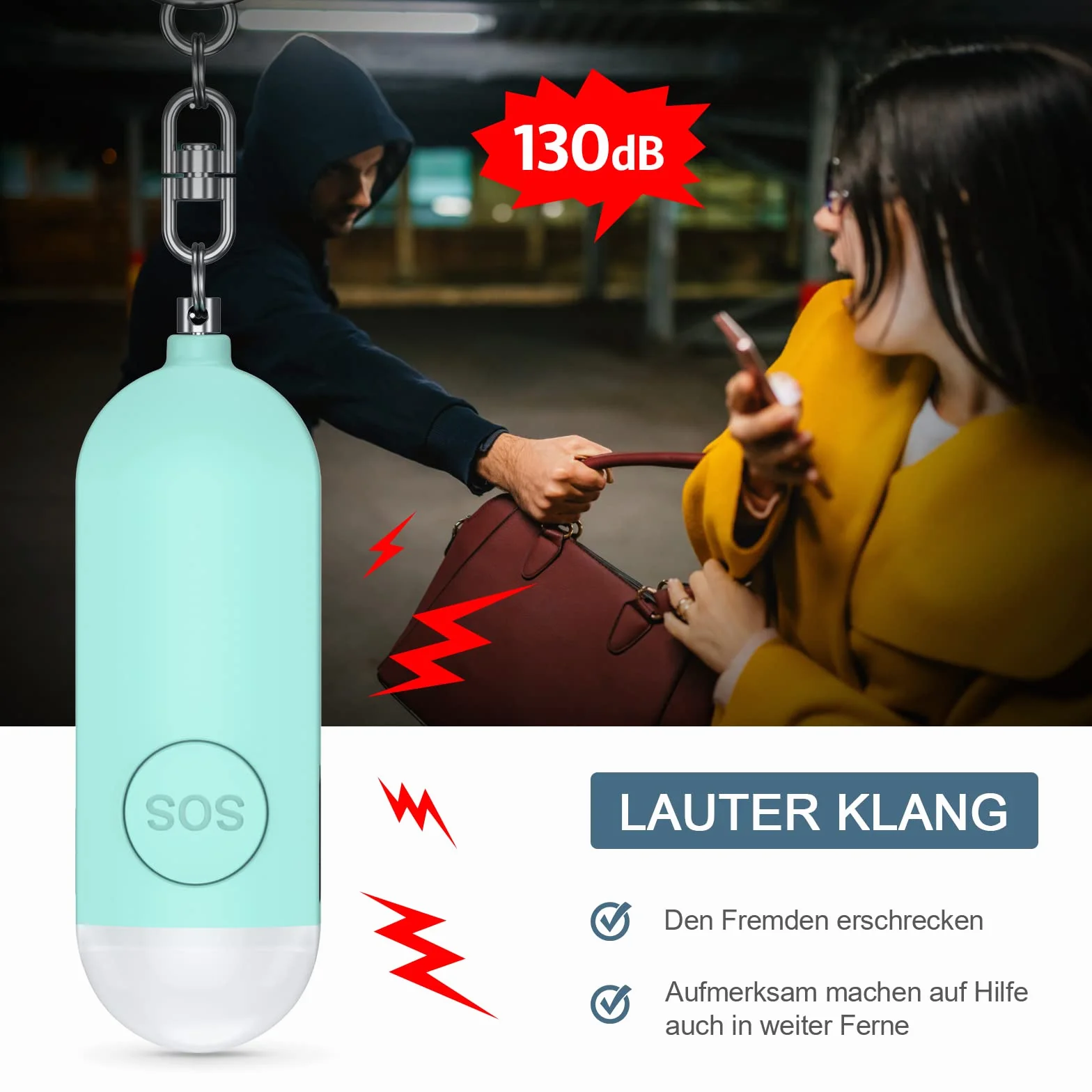 Alarm osobisty, alarm osobisty 130DB z diodami LED, alarm awaryjny dla mężczyzn, dzieci, osób starszych, niebieski, dwa opakowanie