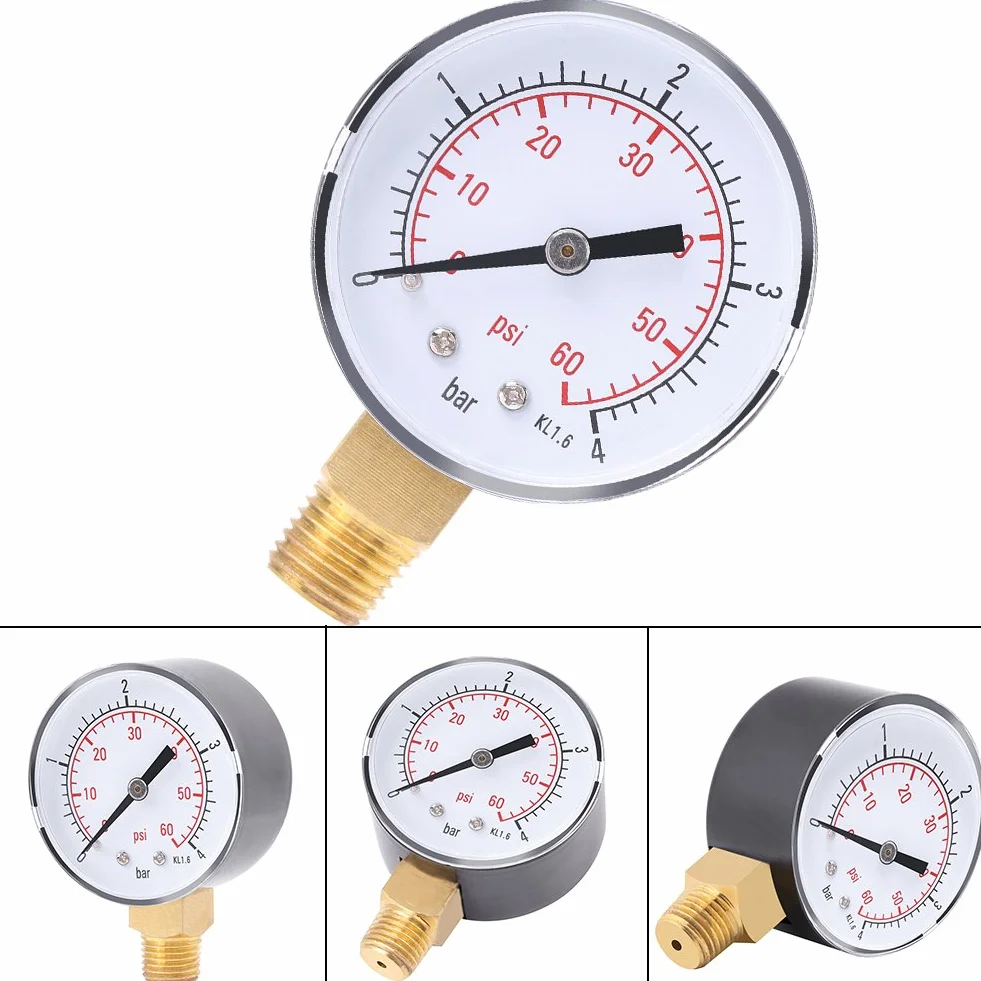 Niezawodny mechaniczny manometr Uharbour z podwójną skalą dla paliwa, powietrza, oleju, wody (0-4bar / 0-60 psi) Manometr niskiego ciśnienia z mocowaniem naziemnym 1/4 cala NPT