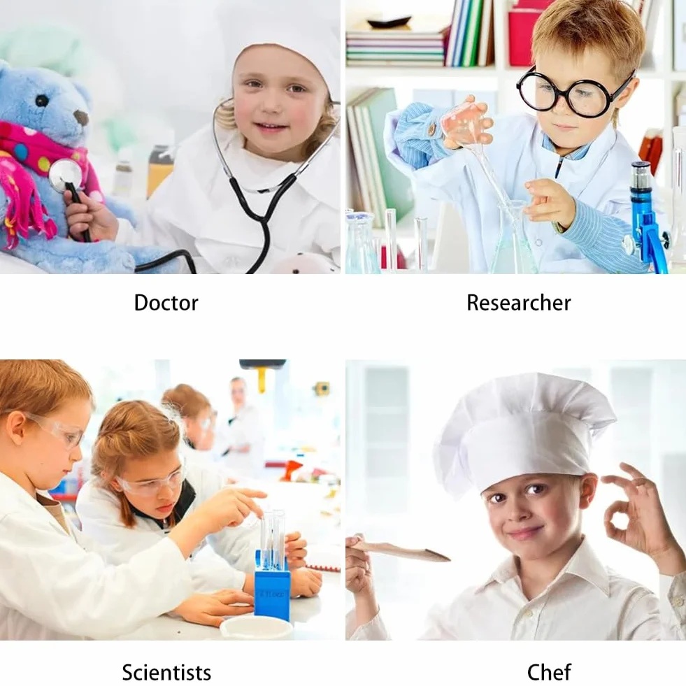 Comioke Fartuch lekarski dla dzieci, bawełna, fartuch laboratoryjny, dla dzieci, chłopców, dziewczynek, chemia, płaszcz laboratoryjny, długi rękaw, fartuch, biały kostium lekarza, płaszcz dla uczniów