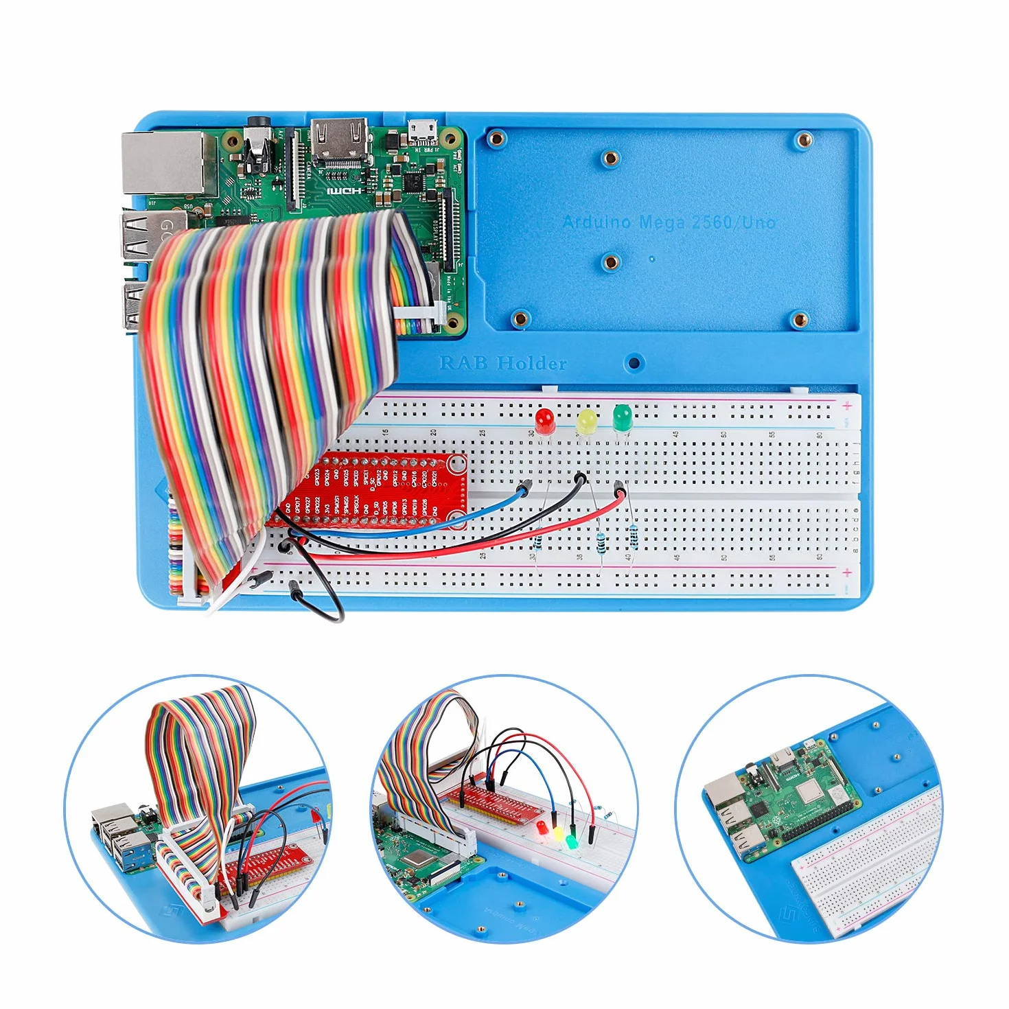 SUNFOUNDER Zestaw Breadboard Kit RAB Holder, 830 Points Solderless Circuit Breadboard, przewody skoczkowe, LED, rezystory kompatybilne z Arduino R3, Mega i Raspberry Pi 4B 3B+/3B, 2 Model B i 1 Model