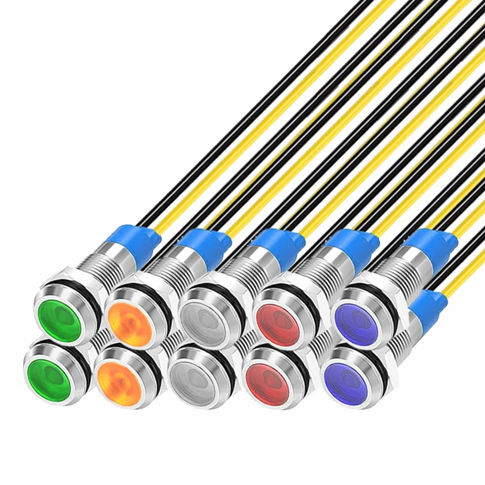 Gebildet 10szt. 6mm 220 VAC LED Metalowa lampa Sygnalizacyjna Wodoszczelna (zielona, pomarańczowa, czerwona, niebieska, biała, 10 szt.)