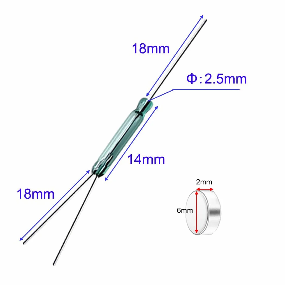 GUUZI 10 szt. Szklany 3-pinowy Kontaktron 2,5 * 14mm Magnetyczny Przełącznik Indukcyjny Elektromagnetyczny Kontaktron z 10 szt. 2 * 6mm Magnetyczny (SPDT, Normalnie Otwarty N/O N/C)