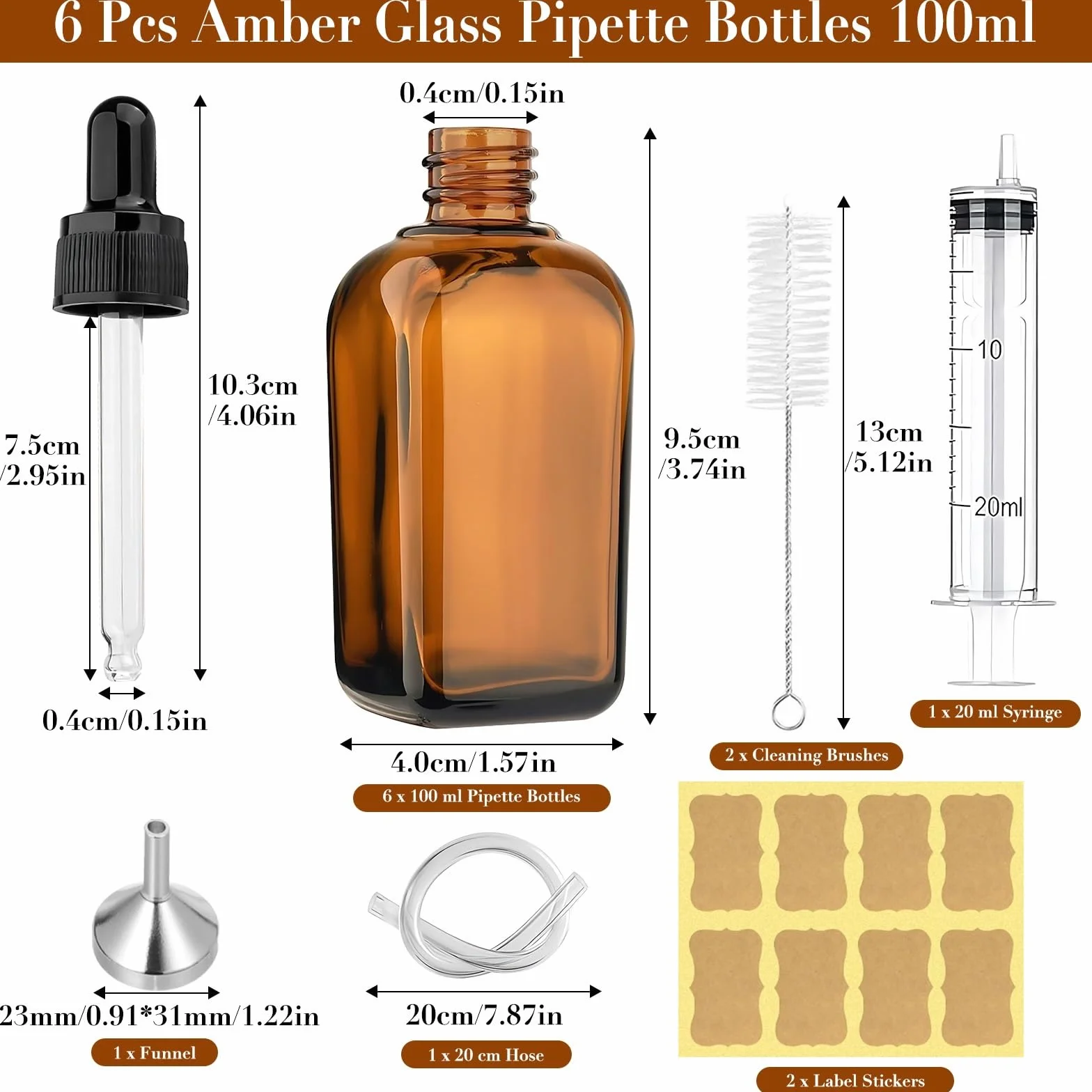 6 butelek z brązowego szkła z pipetą 100 ml, butelka apteczna z kroplomierzem, szklana butelka z brązowym szkłem zapobiegającym promieniowaniu UV, ze strzykawką, do olejku eterycznego