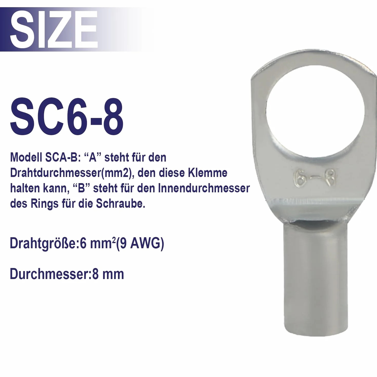 Końcówki kablowe tulejkowe oczkowe M8 6mm² SC6-8 nieizolowane miedź