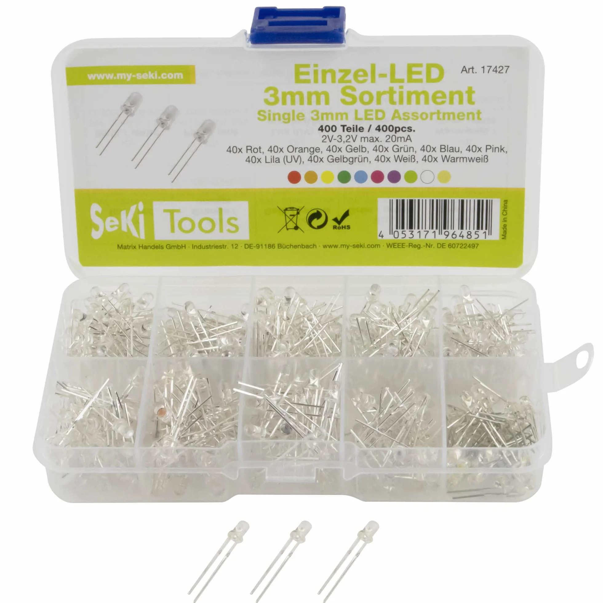 SeKi Asortyment LED z 400 diodami świecącymi 3 mm – 10 wartości; czerwony, pomarańczowy, żółty, zielony, niebieski, różowy, fioletowy (UV), żółto-zielony, biały, ciepła biel – bardzo jasny