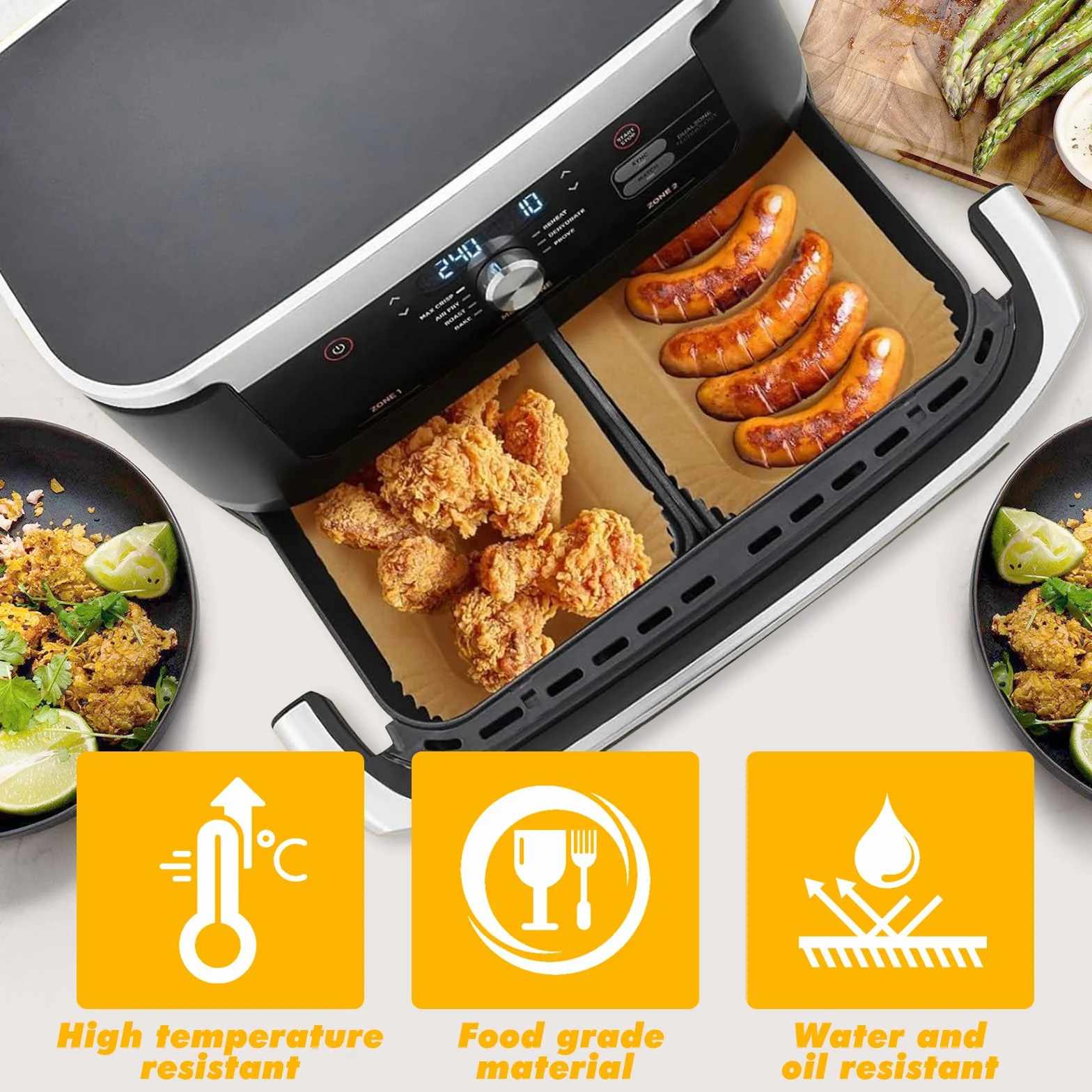 150 Sztuk Papieru Do Pieczenia Airfryer, Papier Do Airfryer Kompatybilny z COSORI Dual Blaze/TwinFry XXL 10L, Duronic AF34 10L, Instant XXL 8.5L, Ometa 9L – 100 Sztuk na 5.2L + 50 Sztuk na 10.4L/10L