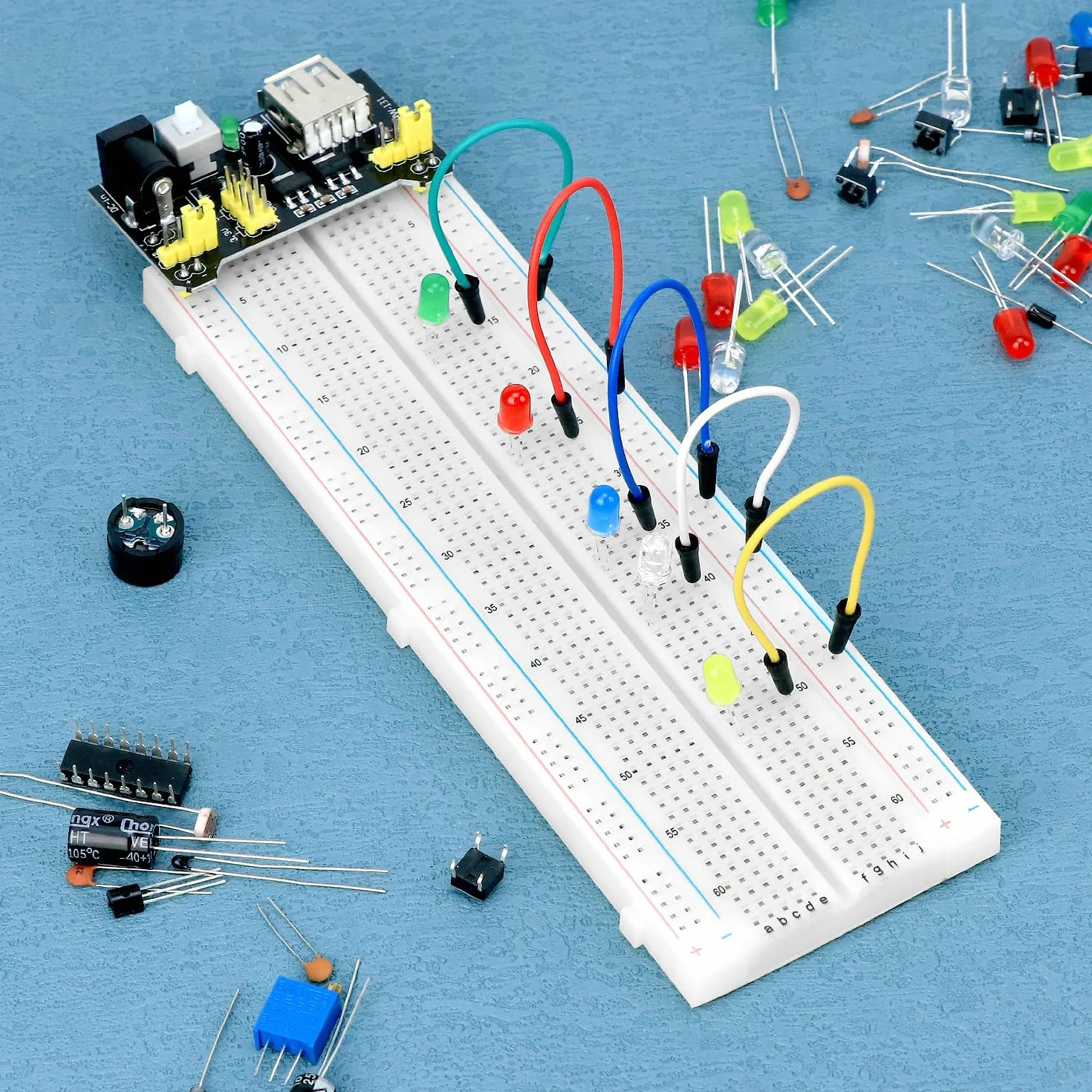 QWORK® Zestaw komponentów elektronicznych z płytą prototypową, modułem zasilania i zworkami, kompatybilny z Arduino, STM32, Raspberry Pi 420 szt