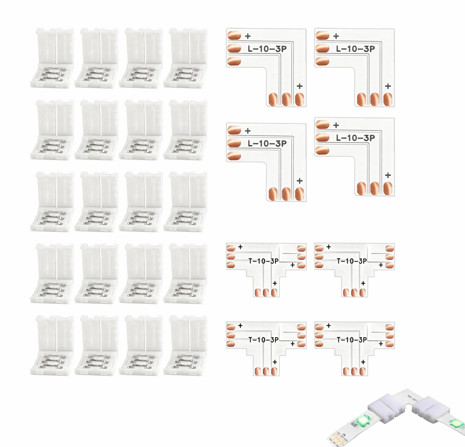 28 sztuk 3-pinowych 10 mm złącze LED w kształcie litery L i adapter w kształcie litery T, bezlutownicze przyłącze światła do taśm LED, łącznik narożny taśmy LED, do projektów oświetleniowych LED, do