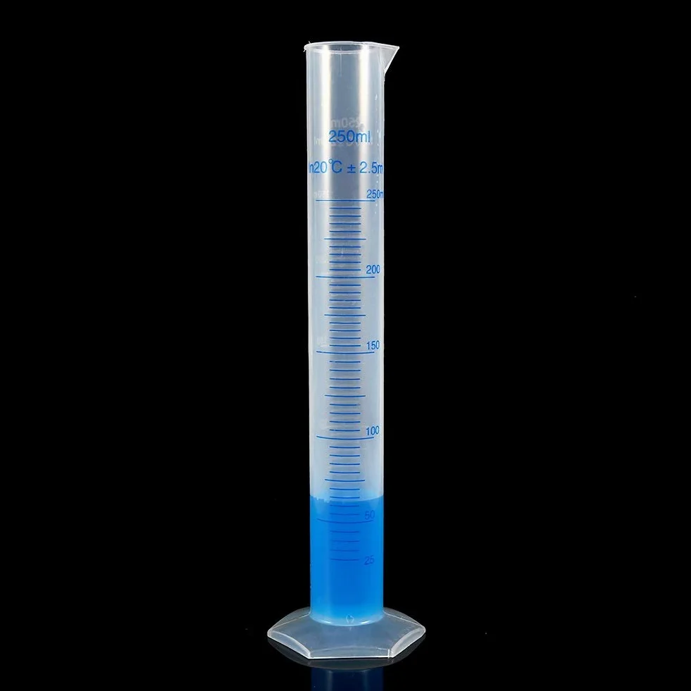 Cylinder miarowy zlewka 250 ml probówka naukowa klasa B polipropylen sześciokątna podstawa niebieska linia precyzyjna skala