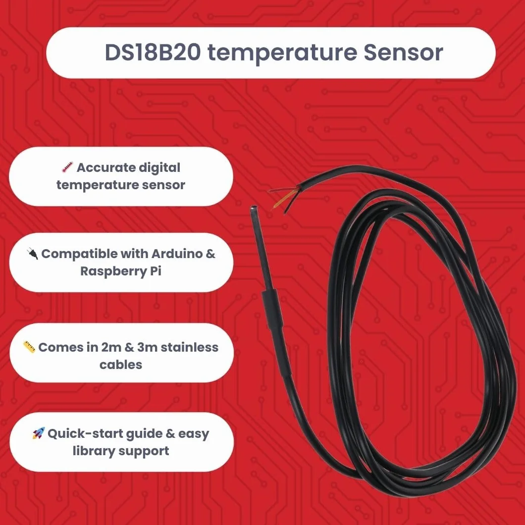 AZDelivery 5 x DS18B20 czujnik temperatury kabel cyfrowy ze stali nierdzewnej wodoszczelny Arduino Raspberry Pi