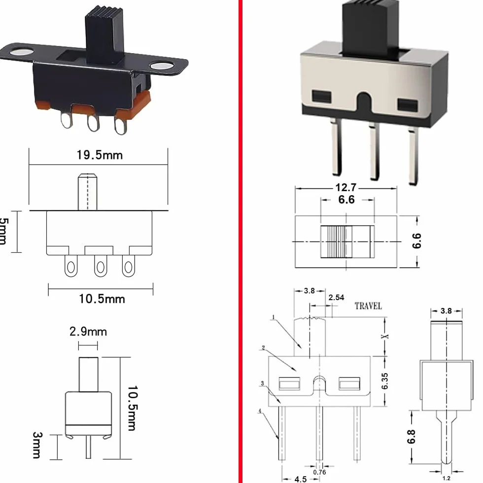 Gebildet Przełączniki Suwakowe 40 szt. 250V/3A 1P2T SPDT 3-pinowe 2-pozycyjne SS12D10 i SS12F15