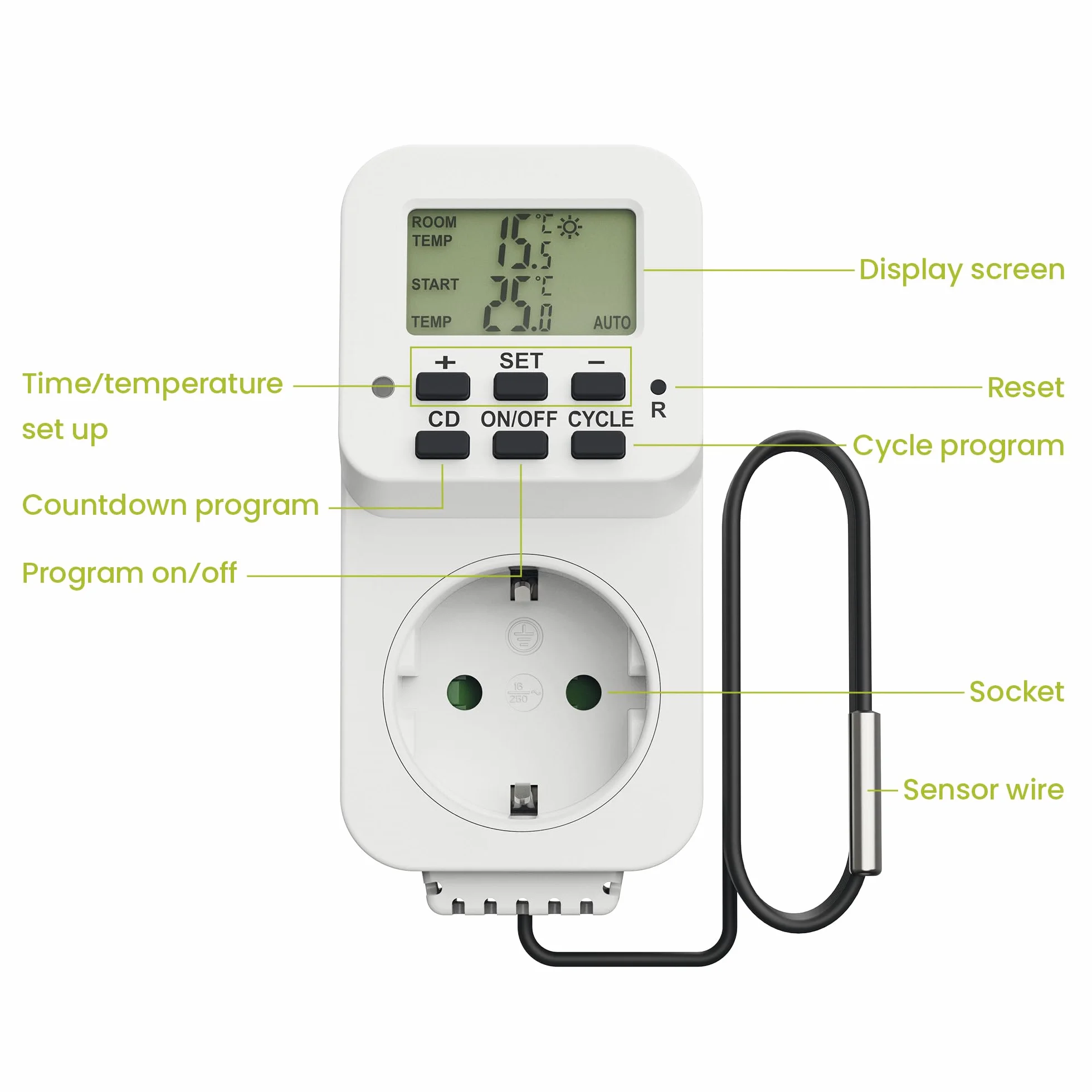 Idealne gniazdo termostatyczne, regulator temperatury 230 V, termostat z czujnikiem, przełącznik temperatury do ogrzewania, chłodzenia, szklarni, terrarium, biały