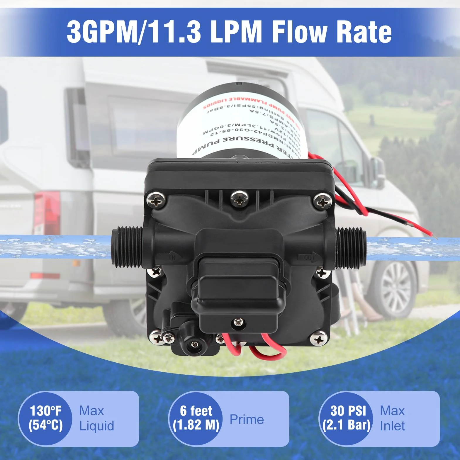 4008101E65 pompa wodna 12 V, 3 GPM 55 PSI DC, pompa samozasysająca 7,5 A, pompa ciśnieniowa z membraną 4-komorową i przełącznikiem ciśnieniowym do przyczep kempingowych, jachtów, ogrodu