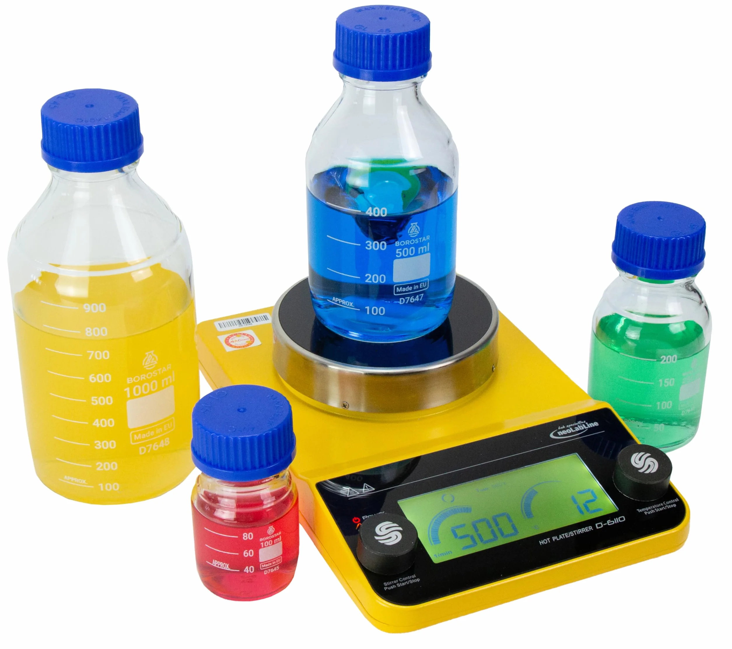 Butelka laboratoryjna (Boro 3.3), GL45, z zakrętką i pierścieniem do nalewania PP, niebieska, 500 ml
