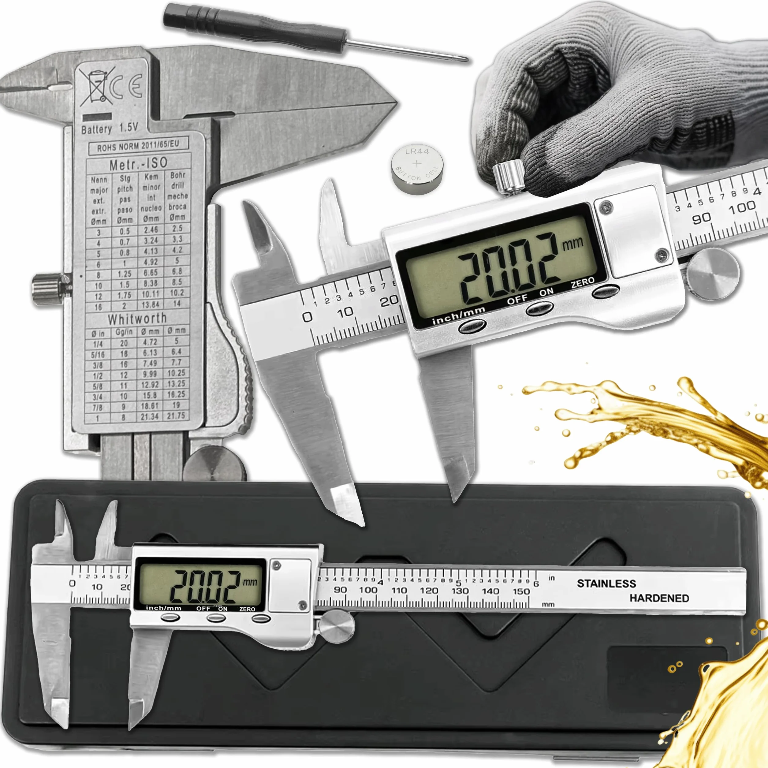 KRUMAD suwmiarka cyfrowa 150 mm ze stali nierdzewnej z kolorowym opakowaniem, cyfrowy precyzyjny przyrząd pomiarowy, elektroniczny suwmiarka LCD do średnic wewnętrznych i zewnętrznych, warsztat, dom