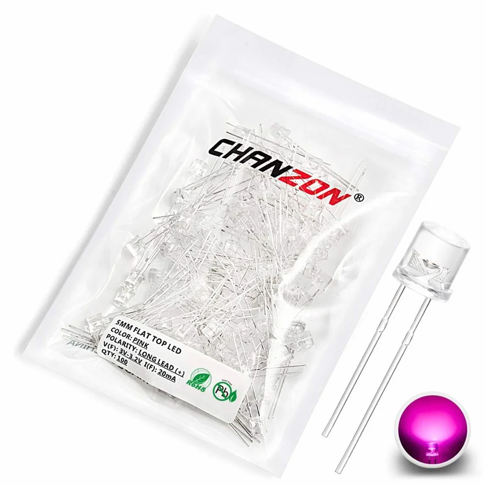 Chanzon 100 szt. 5 mm różowe diody LED przezroczysta płaska góra DC 3 V 20 mA