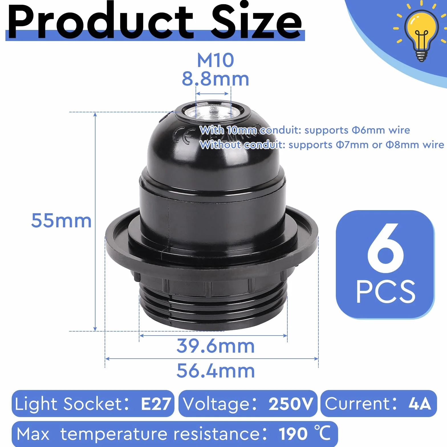 EFUTURETIME 6x Oprawka do Lampy E27 250V 4A Adapter z Bakelitu z Odciążeniem do Lampy Stołowej, Stojącej, Sufitowej
