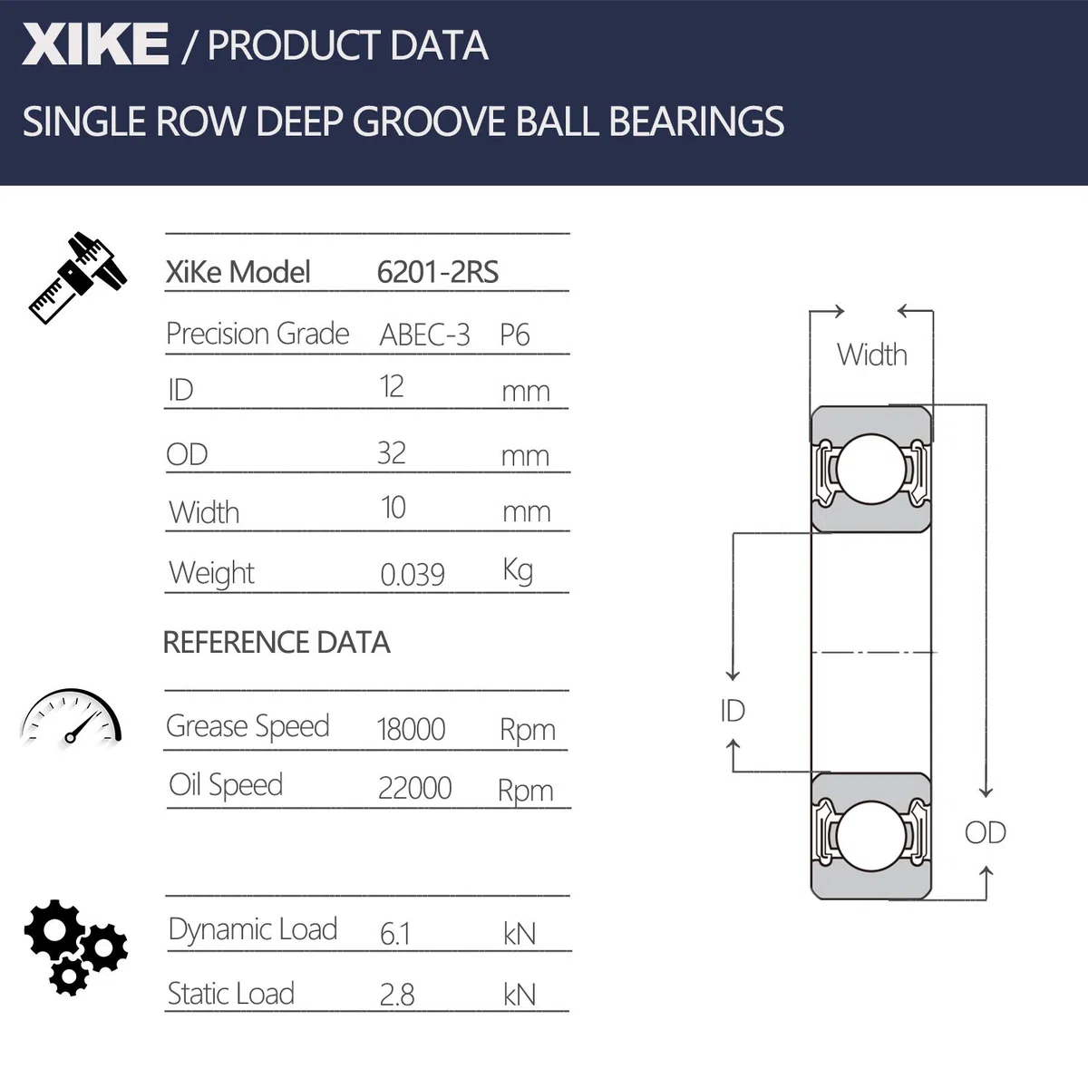 XiKe 2 szt 6201-2RS Łożyska kulkowe 12x32x10mm Gumowe uszczelnione 6201RS Stal chromowa łożyska kulkowe zwykłe.
