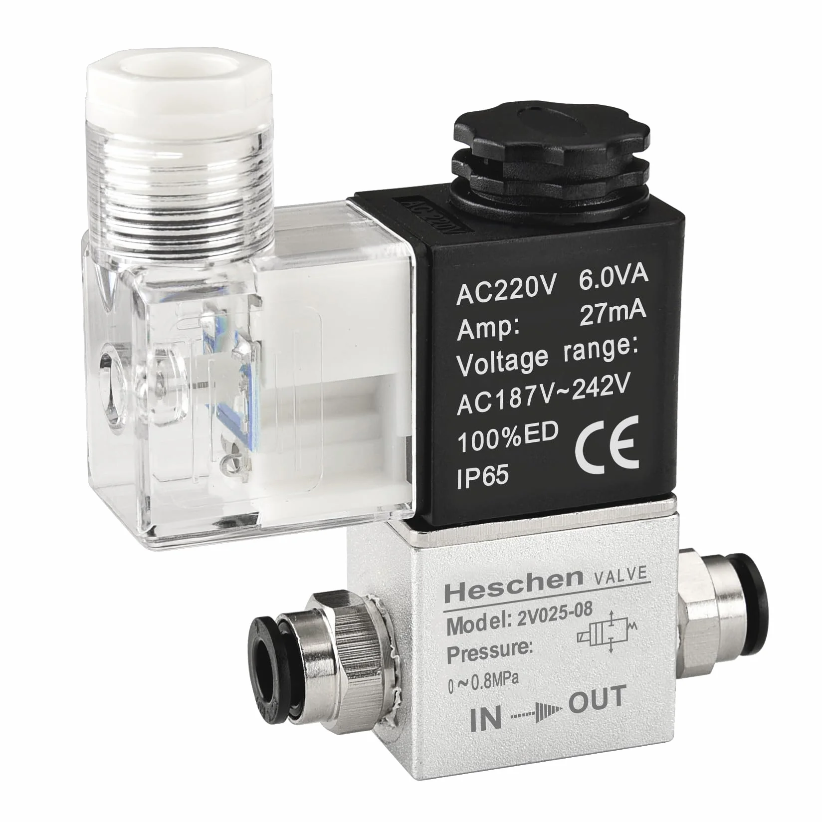 Heschen Elektryczny pneumatyczny zawór elektromagnetyczny, 2V025-08, 220 VAC, PT1/4, 2/2-drożny, normalnie zamknięty, CE