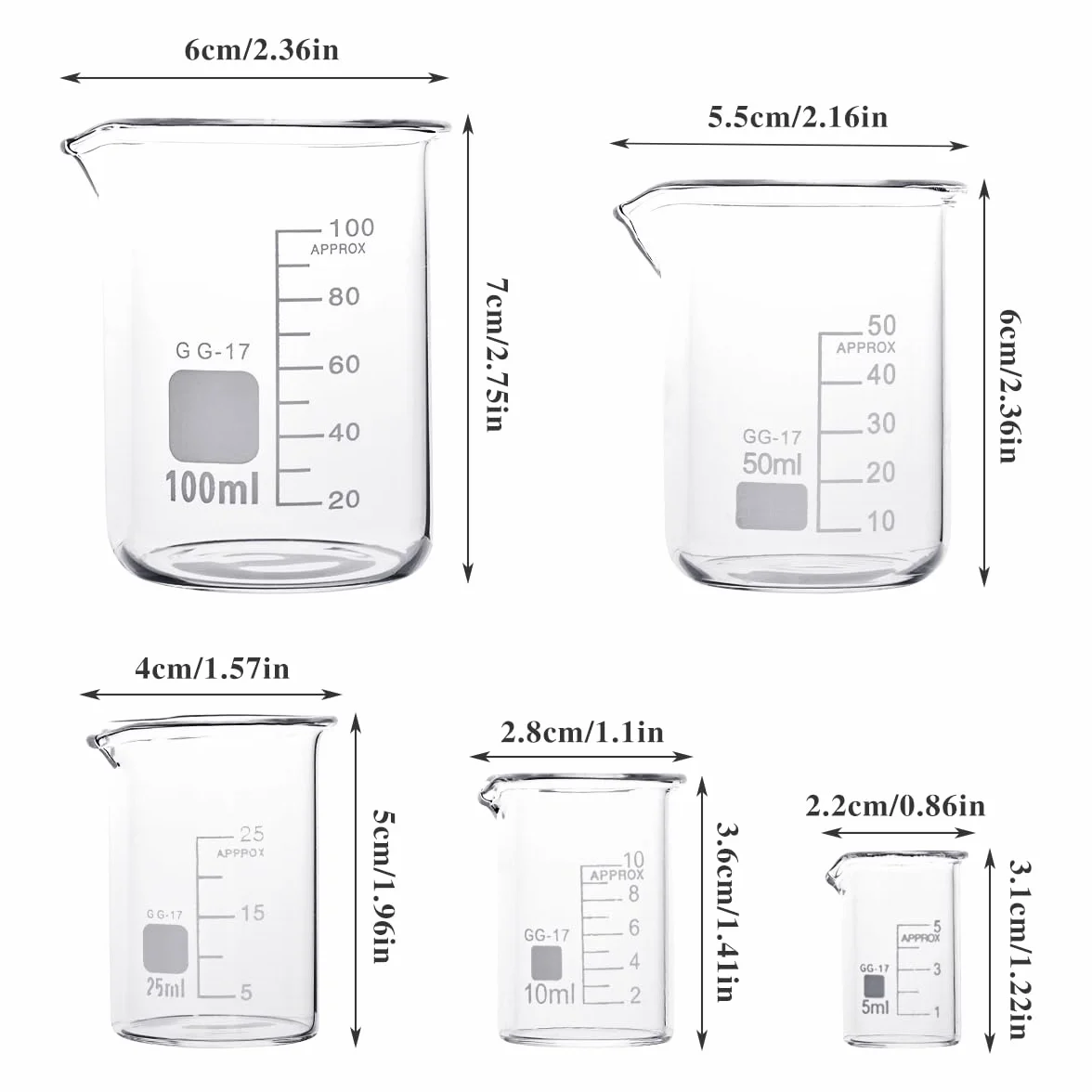 5 szt. szklanka do kubków 100 ml 50 ml 25 ml 10 ml 5 ml szklanka miarka chemia szklanka kubek szkło borokrzemowe kubek do laboratorium