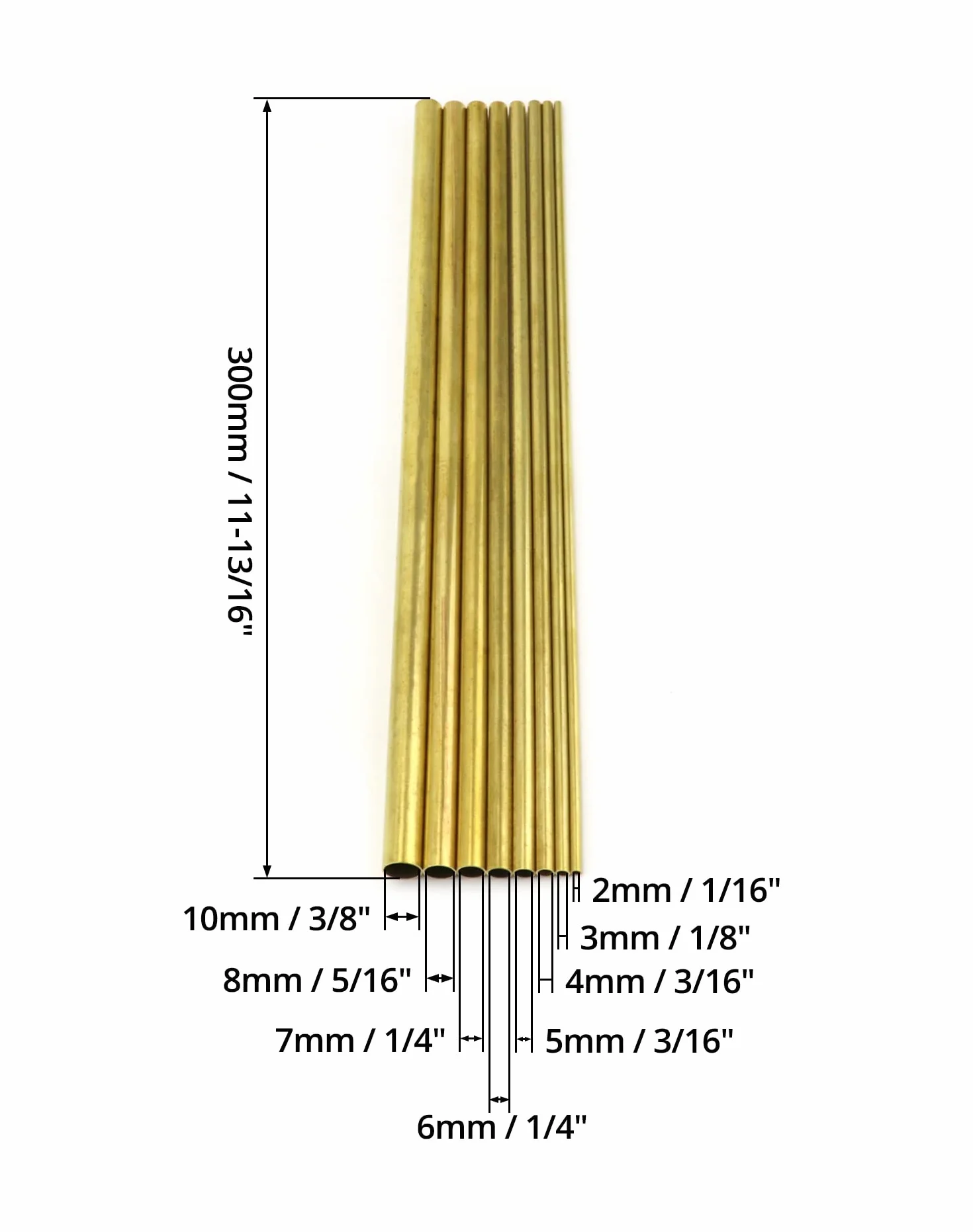 QWORK Rurka mosiężna, 2 mm 3 mm 4 mm 5 mm 6 mm 7 mm 8 mm 10 mm, grubośćścianki OD x 0,5 mm, długość 300 mm, okrągłe rurki bez lutowania, 8 sztuk