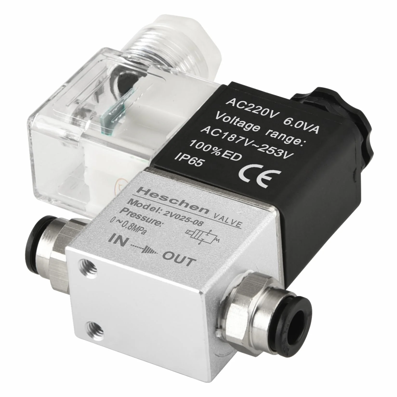 Heschen Elektryczny pneumatyczny zawór elektromagnetyczny, 2V025-08, 220 VAC, PT1/4, 2/2-drożny, normalnie zamknięty, CE