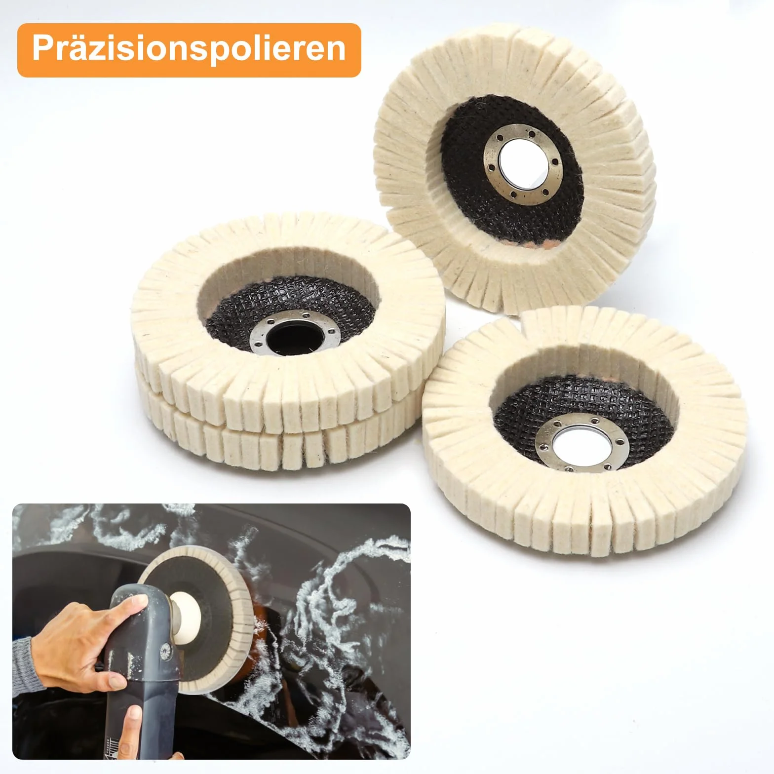 4 tarcze polerskie 125 mm, tarcze polerskie, filc wełniany, podkładki polerskie, nakładka polerska, szlifierka kątowa do szlifowania, polerowania, lakieru, drewna, plastiku, stali nierdzewnej