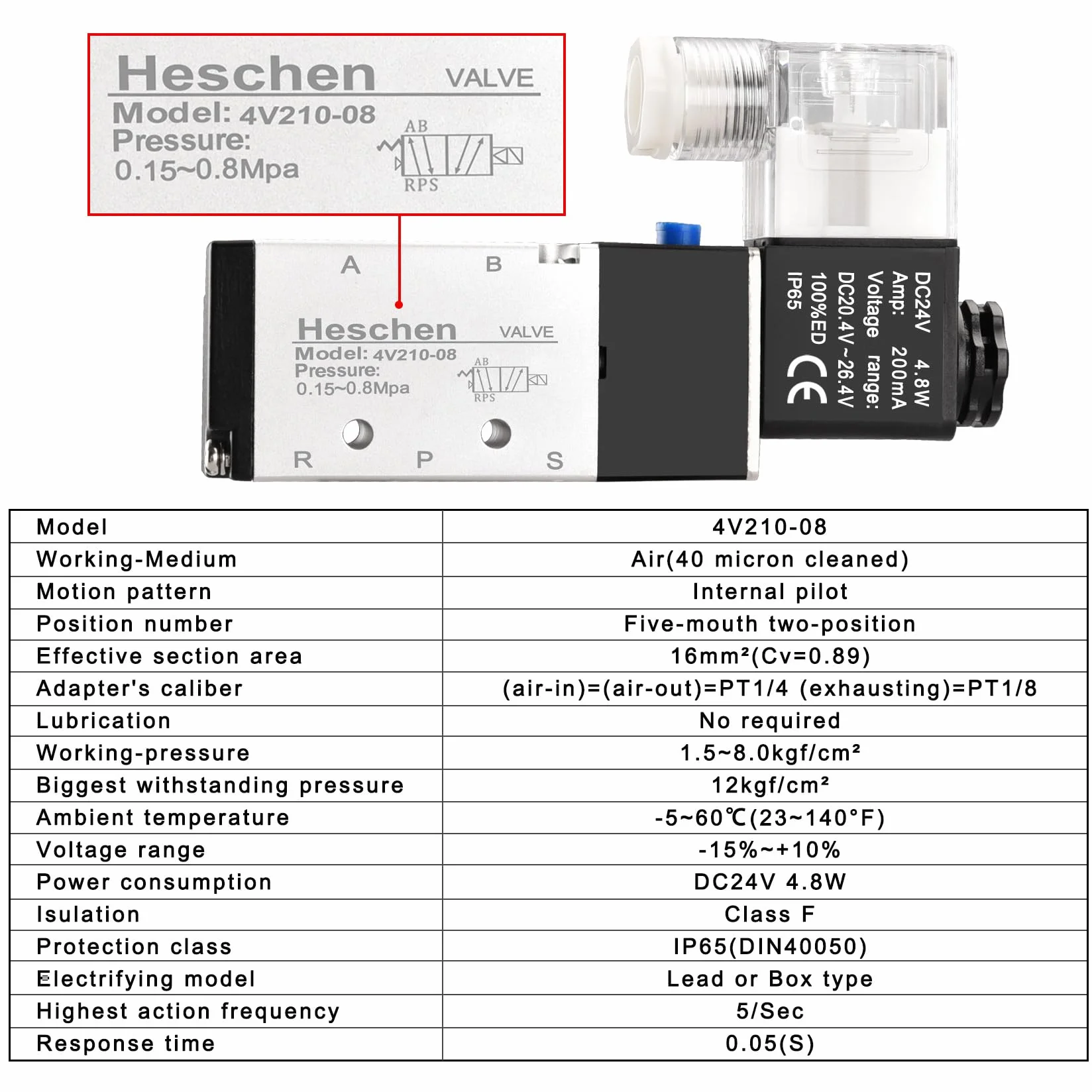 Heschen elektryczny zawór elektromagnetyczny 4V210-08 DC 24 V PT 1/4 5-drożny 2 pozycje