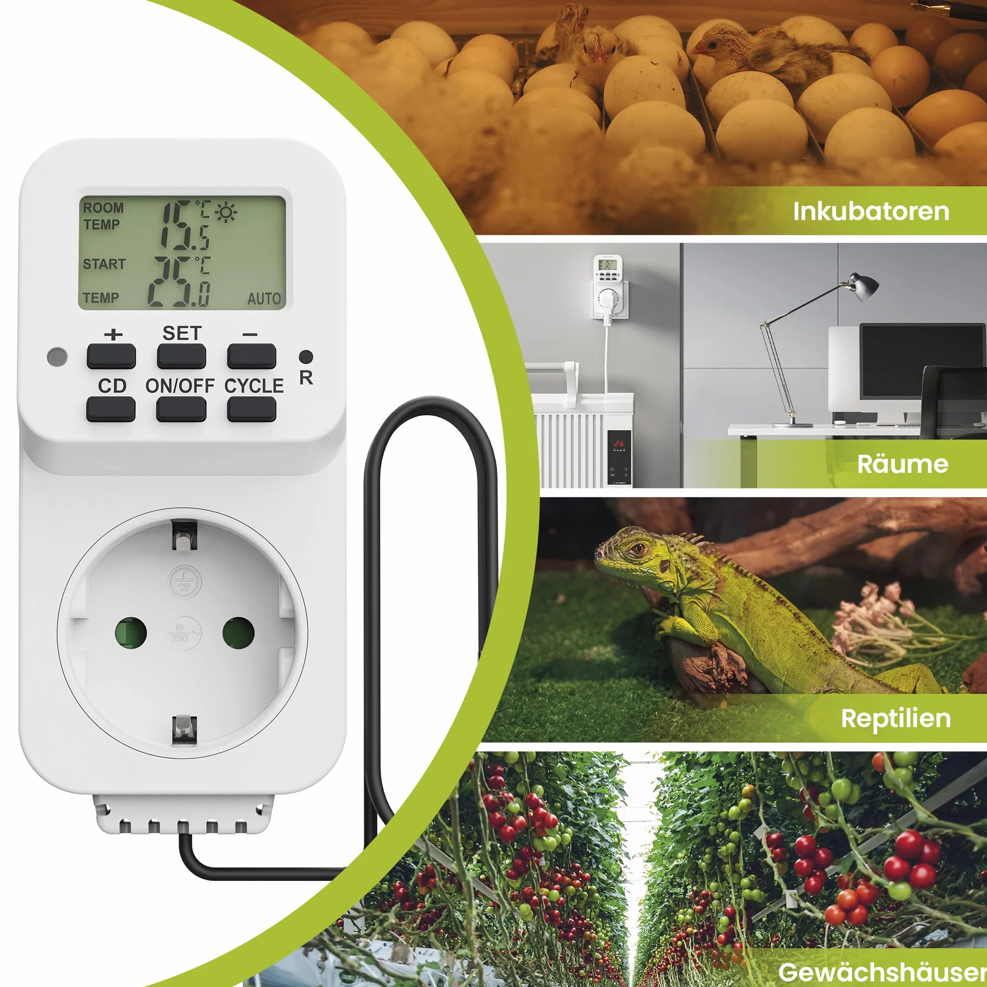 Idealne gniazdo termostatyczne, regulator temperatury 230 V, termostat z czujnikiem, przełącznik temperatury do ogrzewania, chłodzenia, szklarni, terrarium, biały