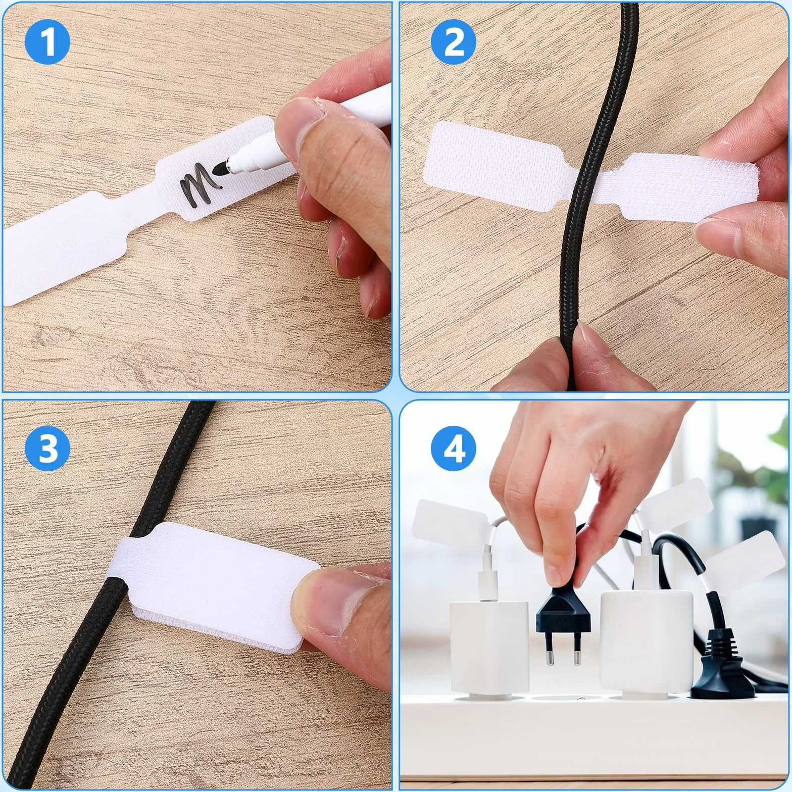 60 sztuk etykiet na kable, 4 cm x 2 cm, nylonowe etykiety do wielokrotnego użytku, samoprzylepne etykiety do zarządzania kablami, idealne do identyfikacji przewodów i elektroniki (białe)