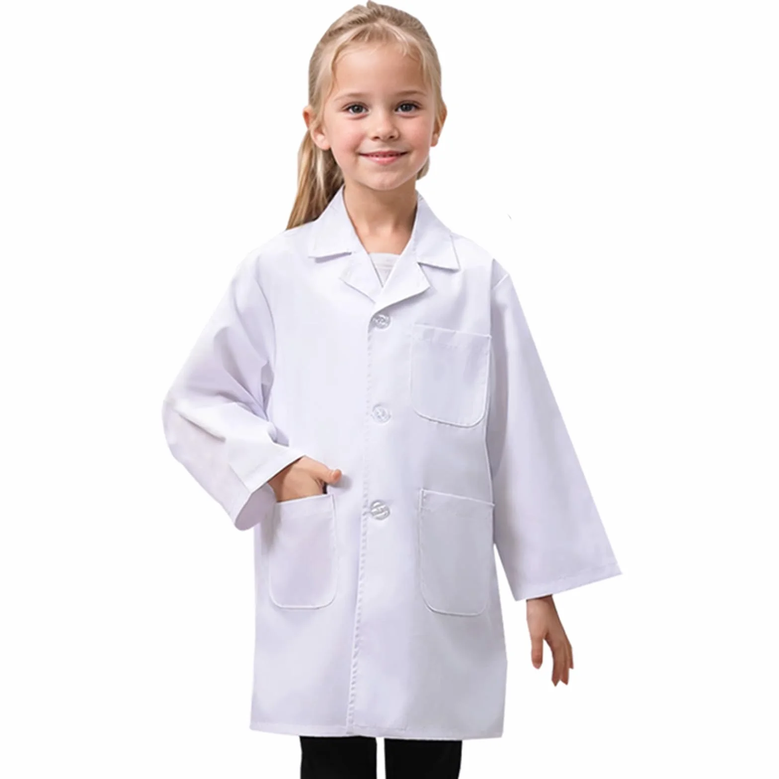 Comioke Fartuch lekarski dla dzieci, bawełna, fartuch laboratoryjny, dla dzieci, chłopców, dziewczynek, chemia, płaszcz laboratoryjny, długi rękaw, fartuch, biały kostium lekarza, płaszcz dla uczniów