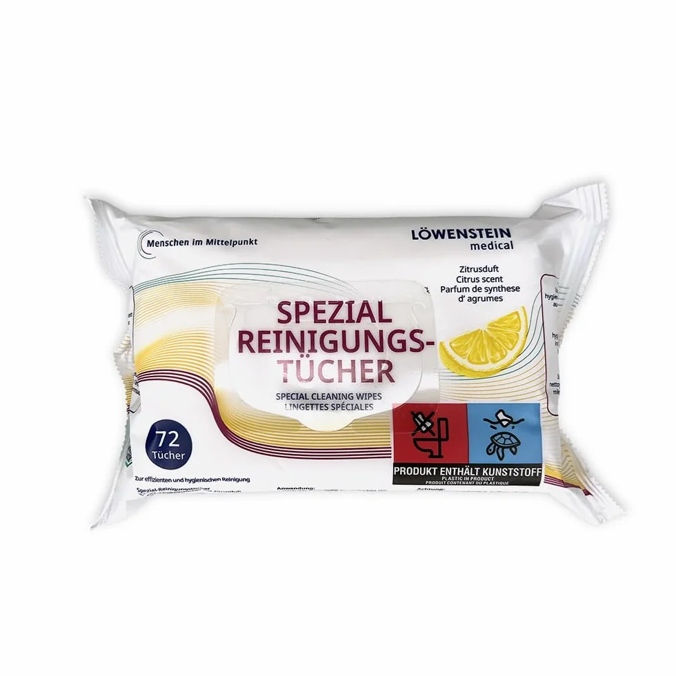 Löwenstein Specjalne ściereczki do czyszczenia – 1 x 72 sztuki – zapach: cytrusowy – rozmiar ściereczki 14 x 19 cm – czyszczenie powierzchni z tworzywa sztucznego (np. masek i akcesoriów CPAP z