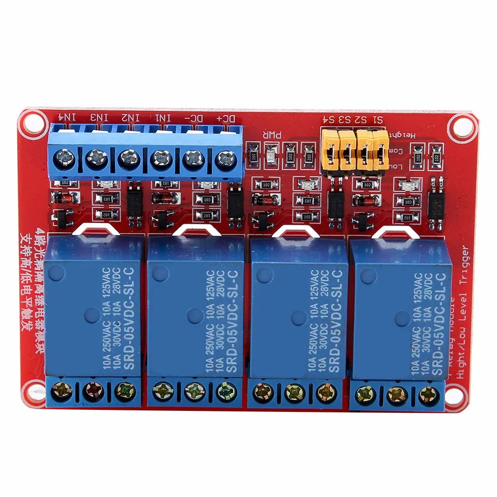 4-kanałowy moduł przekaźnikowy, płytka modułu przekaźnika transoptora Wyzwalacz wysoki i niski 5 V / 12 V / 24 V, 4-kanałowa płytka modułu przekaźnika Wyzwalacz wysokiego i niskiego poziomu (5 V)