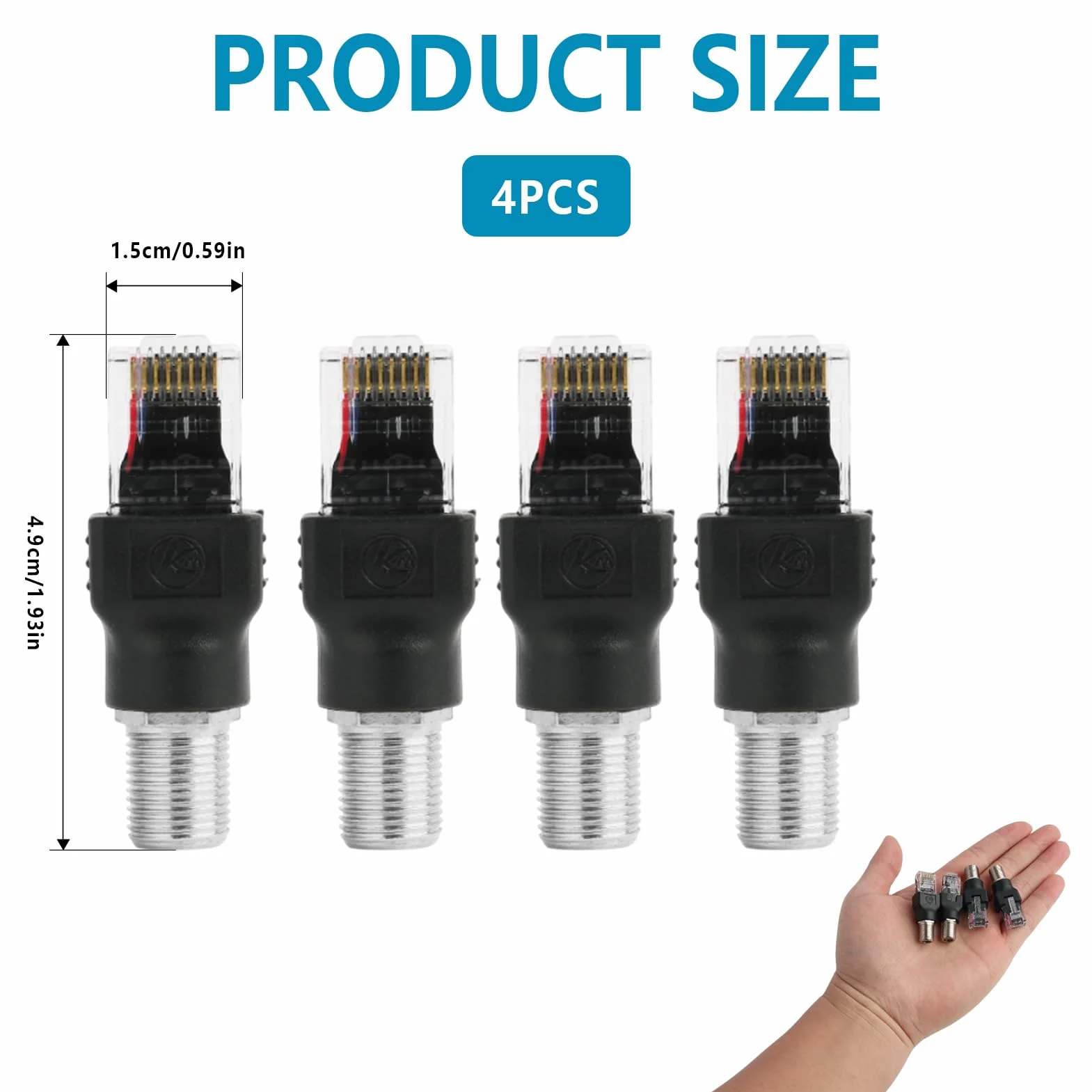 4 szt. Konwerter koncentryczny RF żeński na RJ45 męski, RF na RJ45 konwerter koncentryczny, złącze koncentryczne RJ45 na RF męski, do testerów liniowych, czujników i śledzenia kabli koncentrycznych
