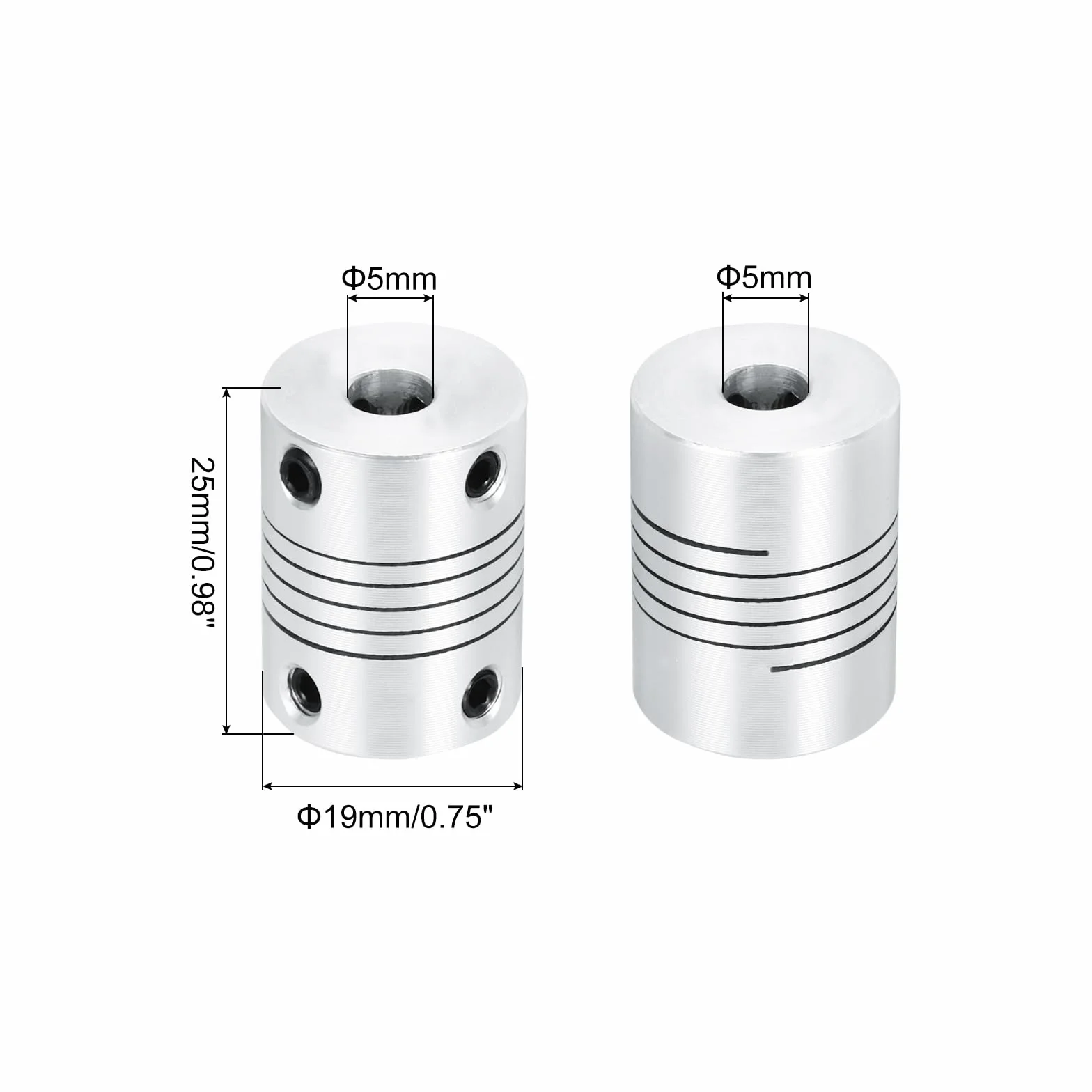 QUARKZMAN 5 sztuk 5 mm do 5 mm sprzęgło wału ze stopu aluminium L25xD19 elastyczne złącze złącza złącza silnika krokowego do drukarki 3D maszyna CNC zrób to sam, srebrny