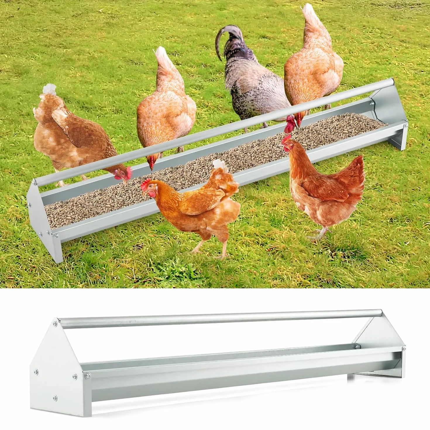 COSTWAY Koryto na karmę z ocynkowanego metalu, 15 l dla 12 kur, metalowe koryto na karmę dla kur, automat do karmienia dla kur, drobiu, kaczek, dozownik karmy z otworami odpływowymi, 115 x 20,5 x 20,5