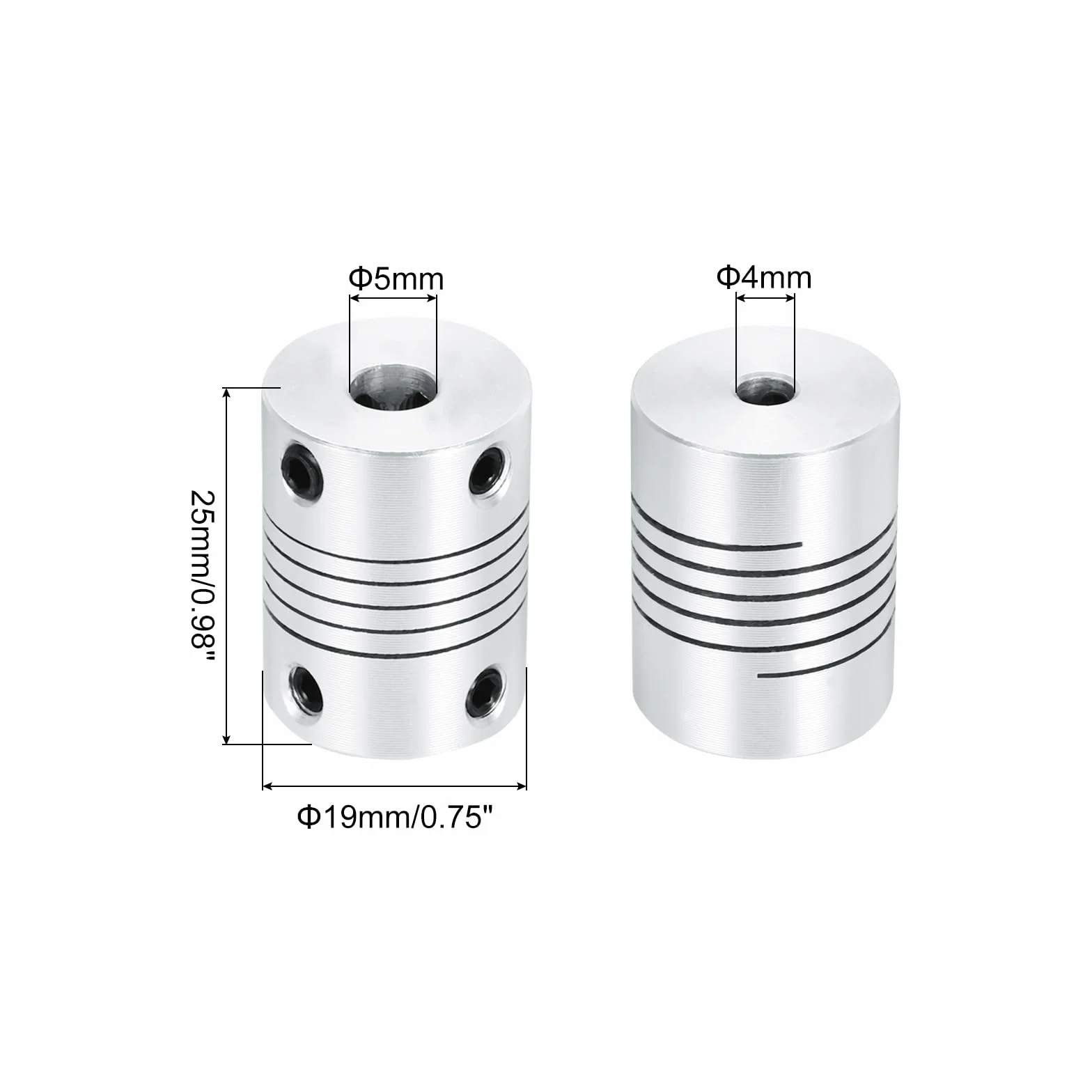 QUARKZMAN 4 sztuki 4 mm do 5 mm ze stopu aluminium, sprzęgło wału L25 x D19, elastyczna wiązka sprzęgła, stepper silnik, łącznik do drukarki 3D, maszyny CNC, enkodera, wał silnika, kolor srebrny