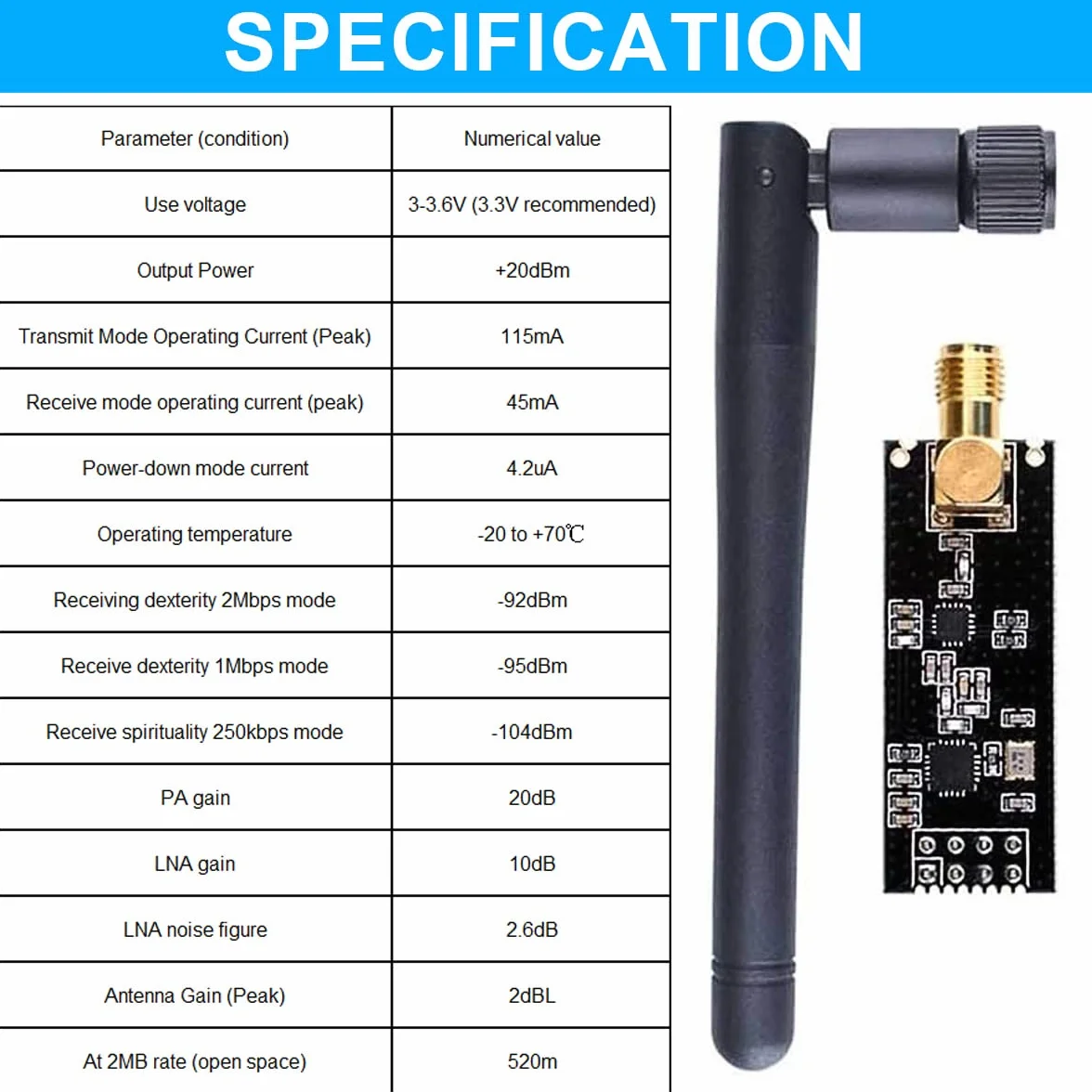 Moduł bezprzewodowy NRF24L01+PA+LNA 2,4 GHz 1100 m bezprzewodowy moduł nadawczo-odbiorczy RF z anteną SMA 3,3 V moduł bezprzewodowy adapter do Arduino