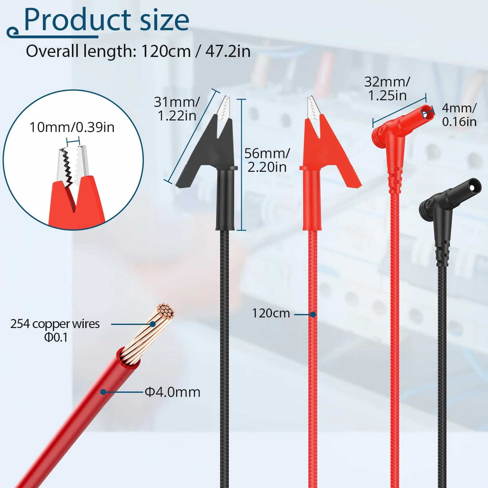 Kabel kontrolny z wtyczką bananową i zaciskiem krokodylkowym 120 cm 20 A 1000 V do multimetru izolowany czerwono-czarny