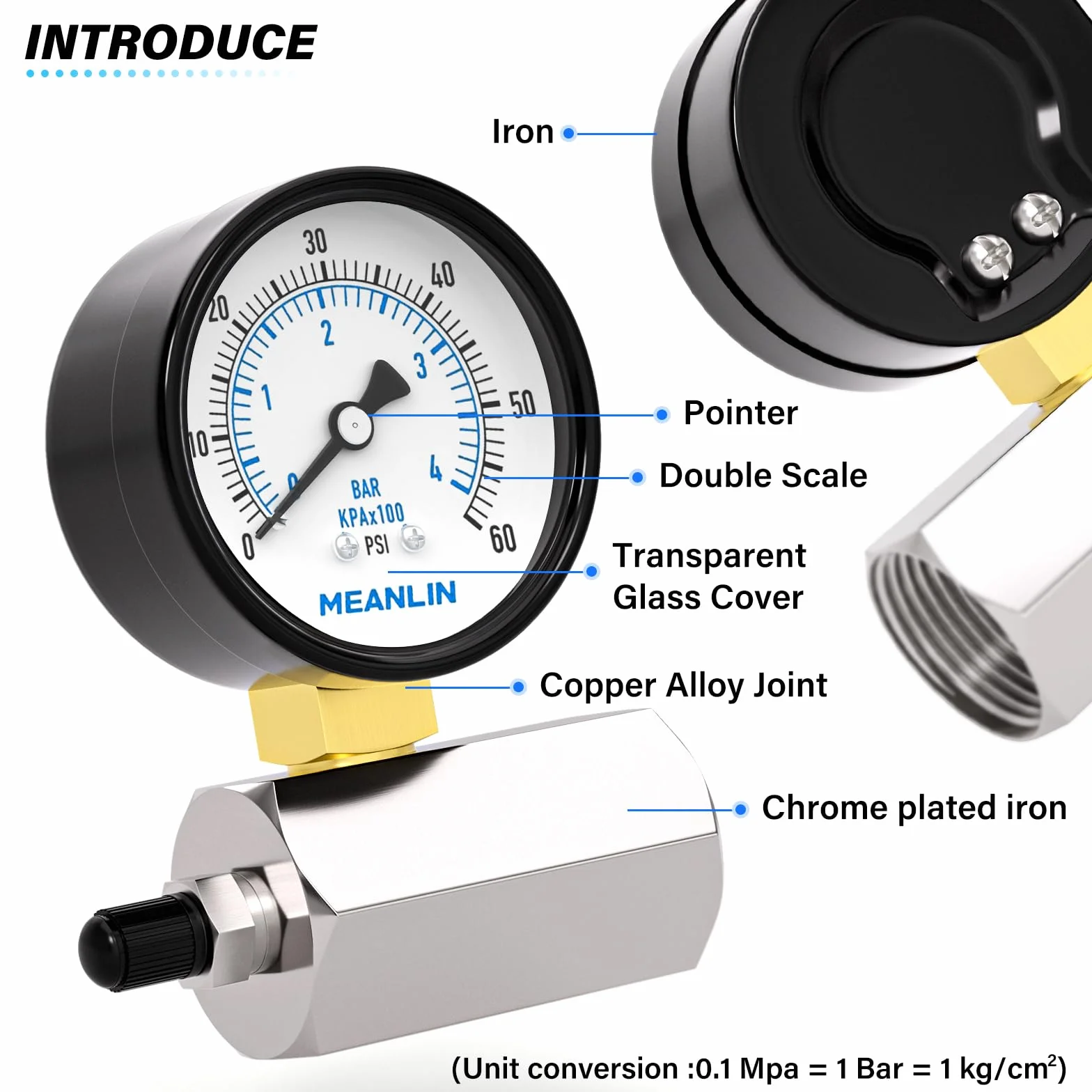 MEANLIN MEASURE Manometr stalowy 0~4BAR/0~60PSI 2" złącze 3/4" FBSP dokładność +/-3-2-3%